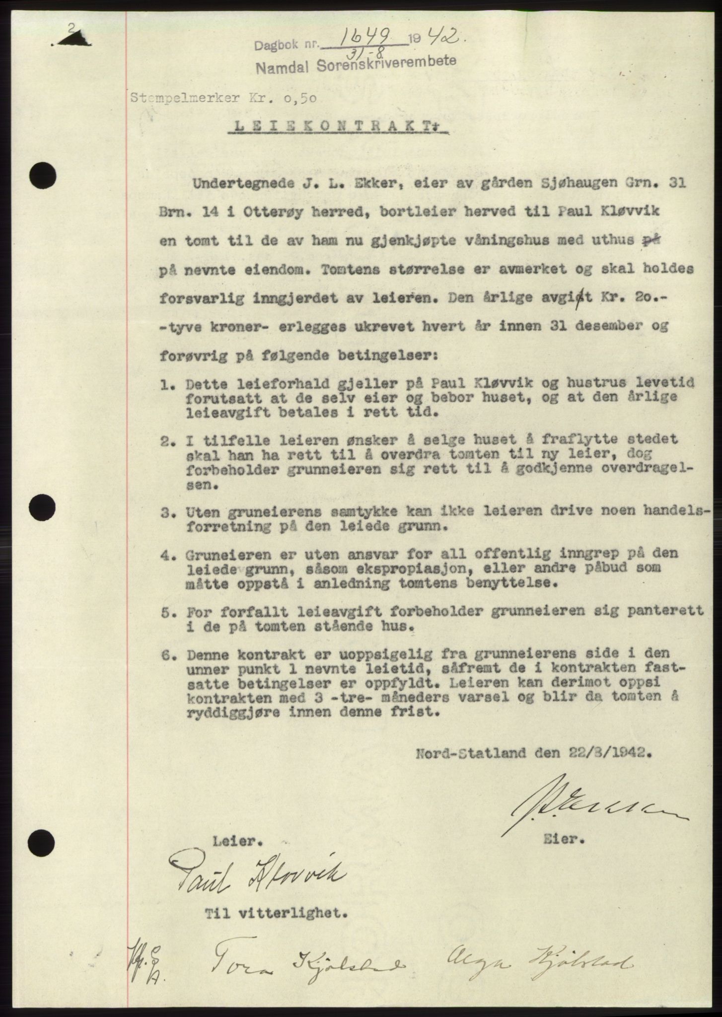 Namdal sorenskriveri, SAT/A-4133/1/2/2C: Pantebok nr. -, 1942-1943, Dagboknr: 1649/1942