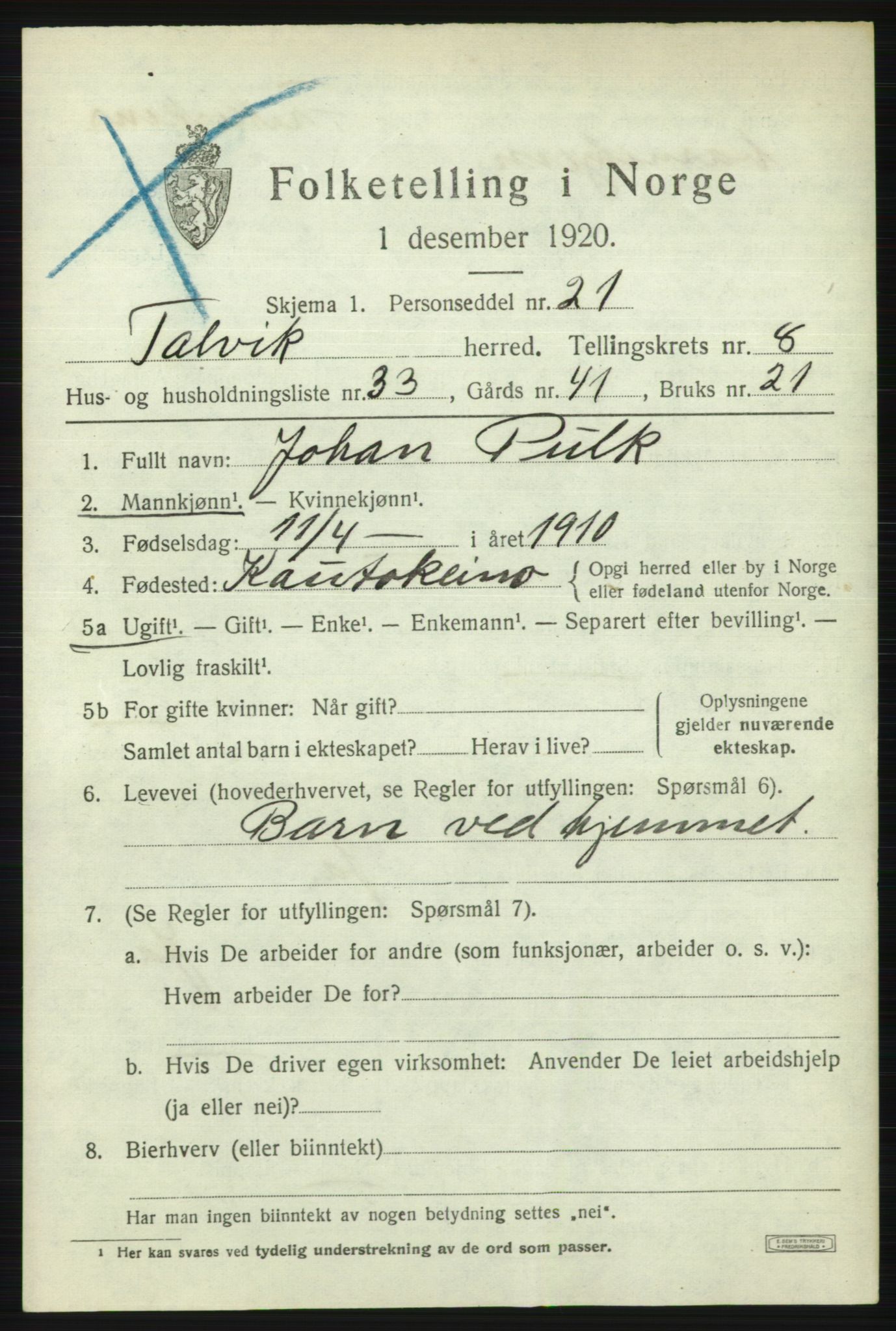 SATØ, Folketelling 1920 for 2013 Talvik herred, 1920, s. 5374