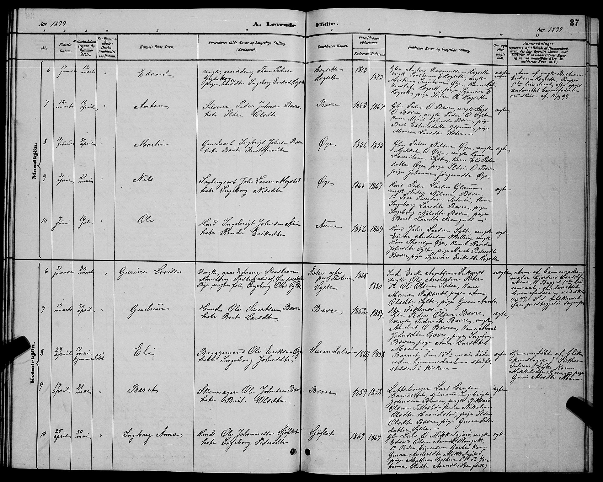 Ministerialprotokoller, klokkerbøker og fødselsregistre - Møre og Romsdal, AV/SAT-A-1454/595/L1052: Klokkerbok nr. 595C04, 1885-1900, s. 37