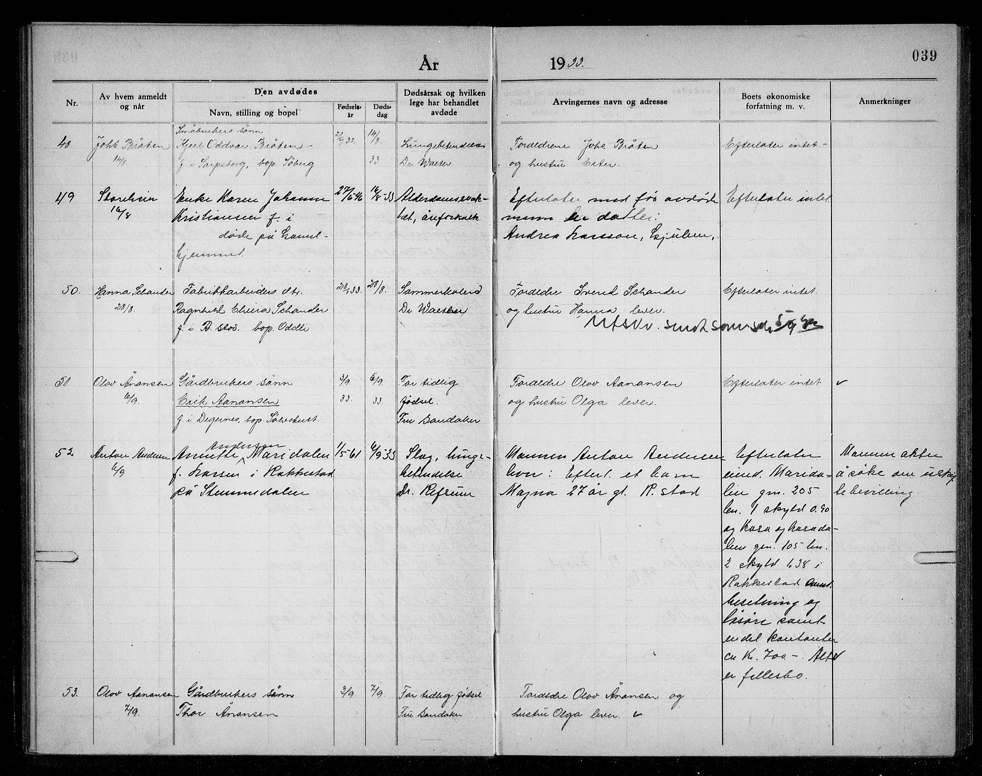 Rakkestad lensmannskontor, AV/SAO-A-10004/H/Ha/Haa/L0005: Dødsanmeldelsesprotokoll, 1931-1941, s. 39