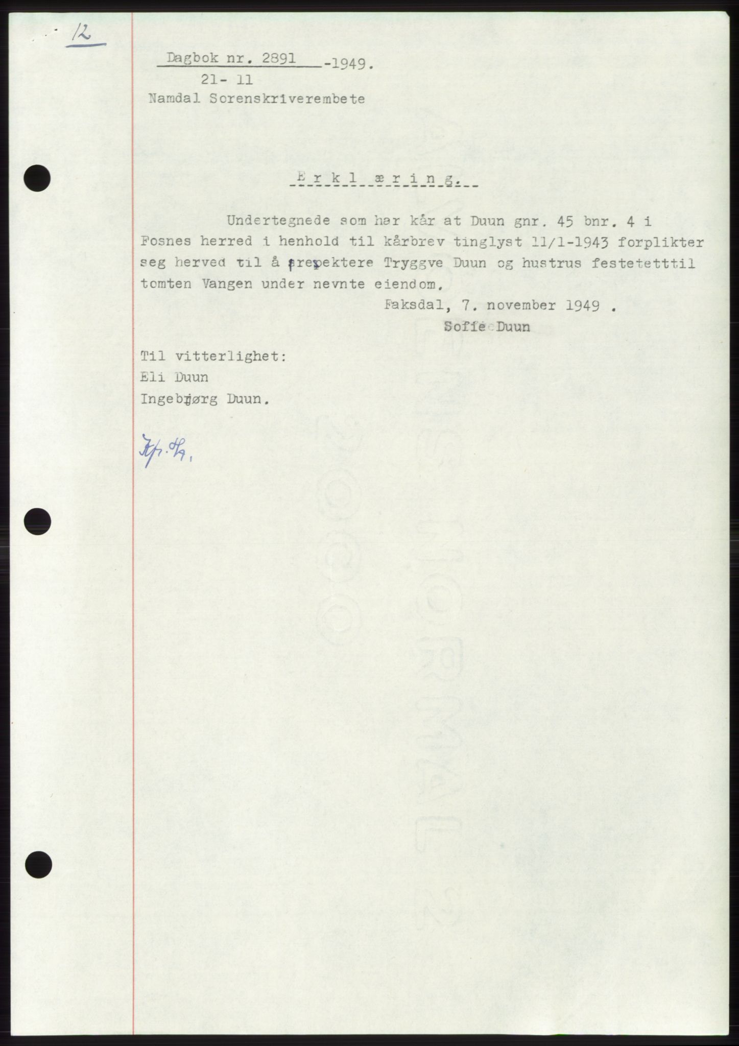 Namdal sorenskriveri, SAT/A-4133/1/2/2C: Pantebok nr. -, 1949-1949, Dagboknr: 2891/1949