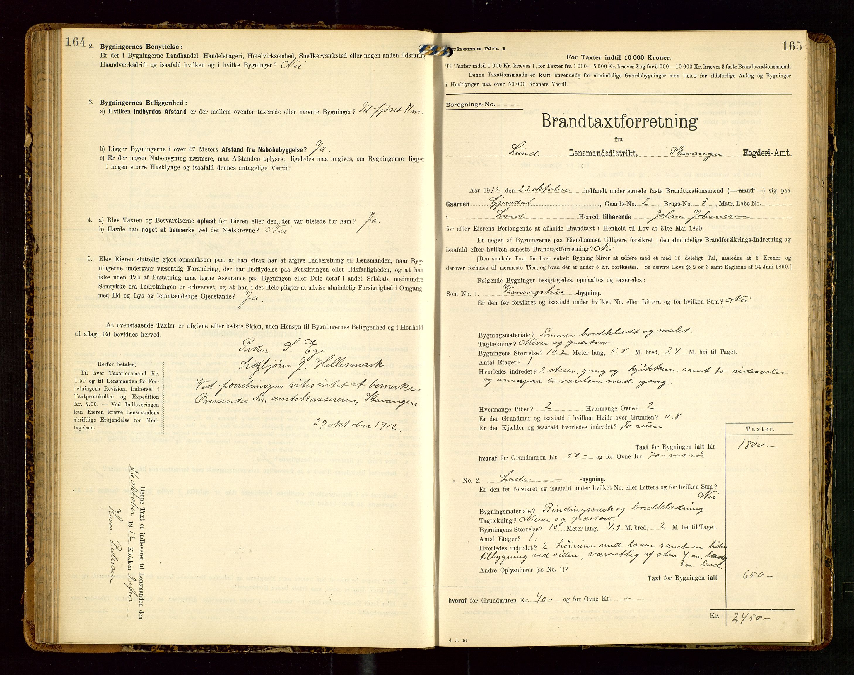 Lund lensmannskontor, AV/SAST-A-100303/Gob/L0002: "Brandtakstprotokol", 1908-1918, s. 164-165