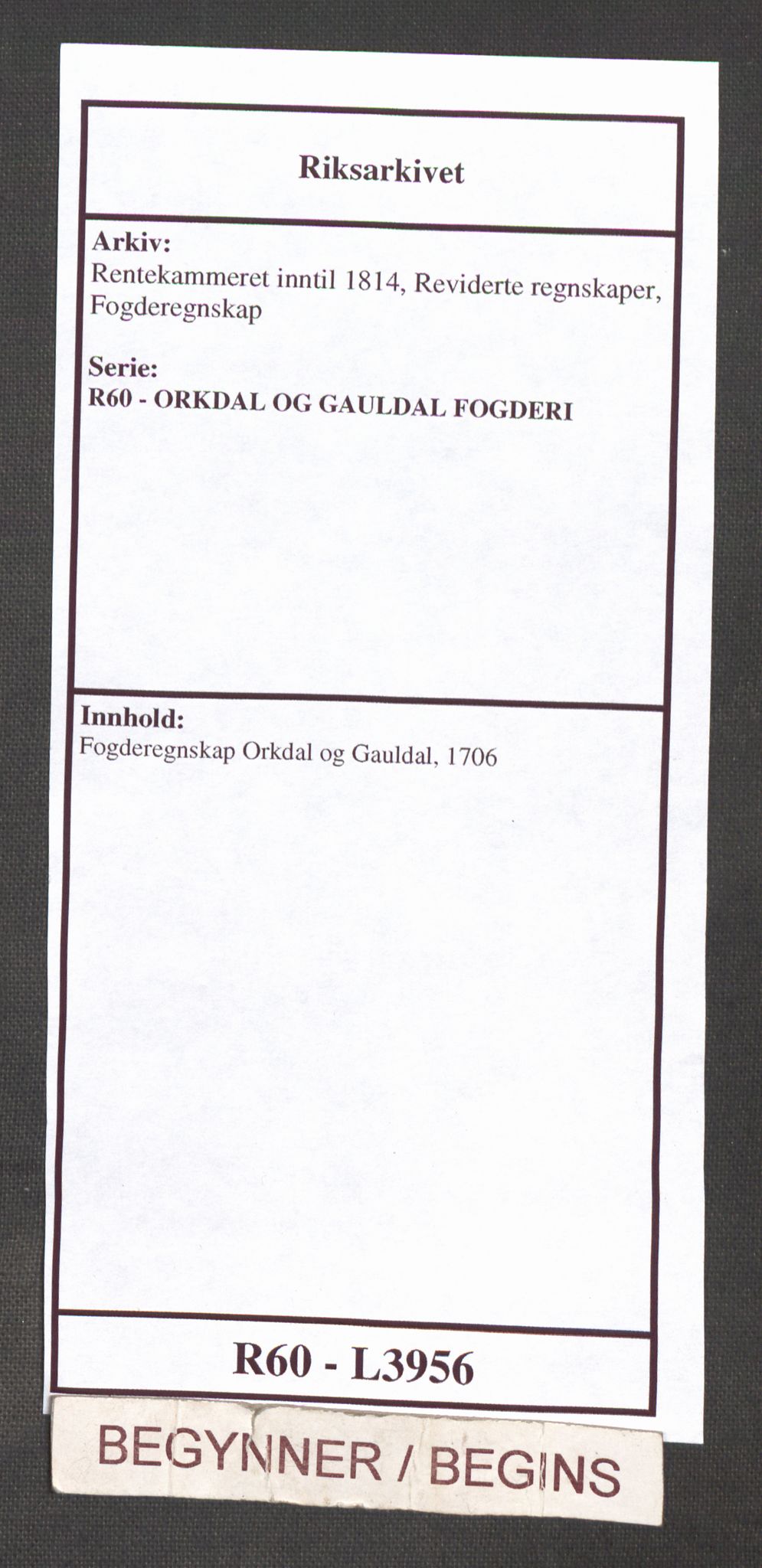 Rentekammeret inntil 1814, Reviderte regnskaper, Fogderegnskap, AV/RA-EA-4092/R60/L3956: Fogderegnskap Orkdal og Gauldal, 1706, s. 1