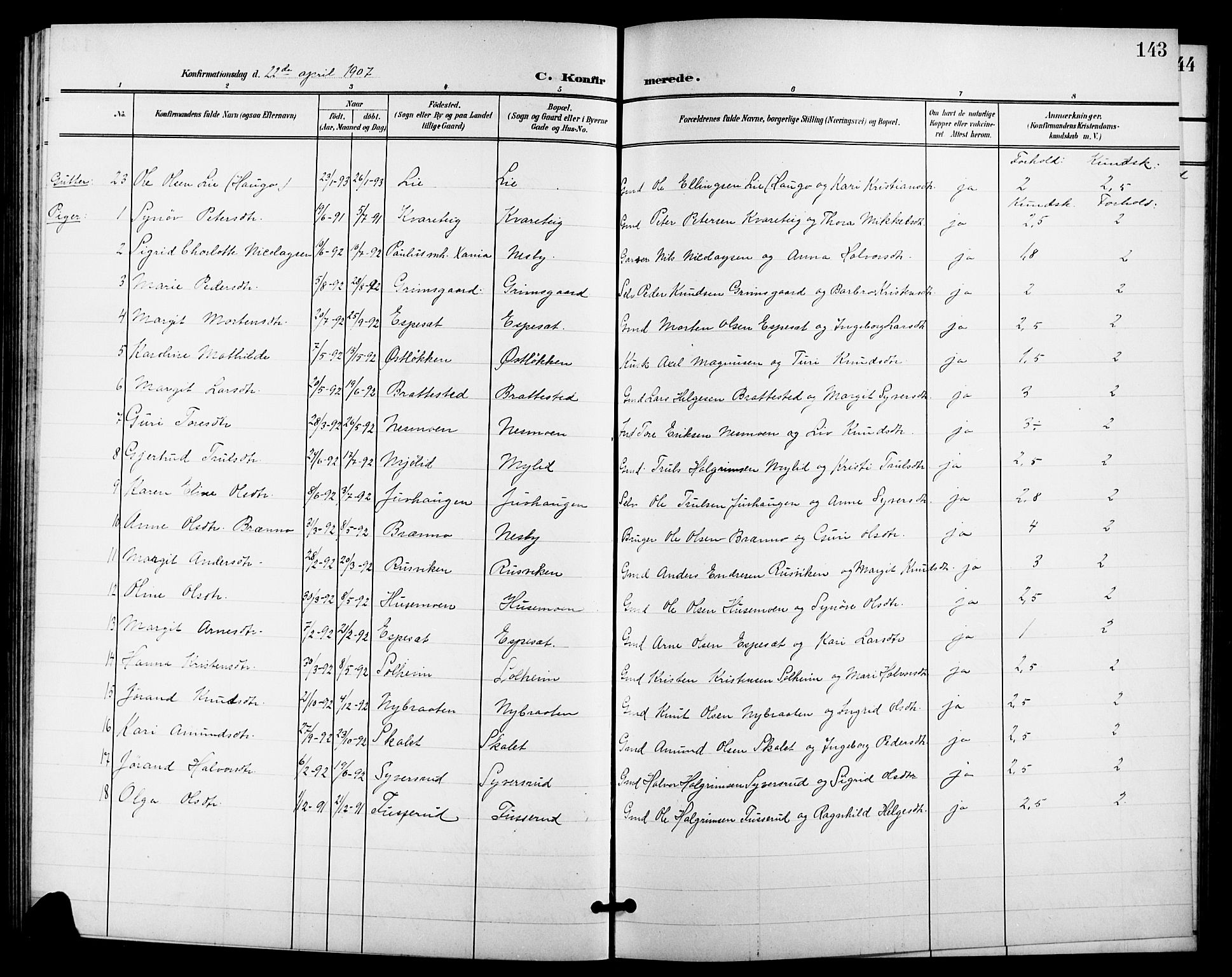 Nes kirkebøker, AV/SAKO-A-236/G/Ga/L0004: Klokkerbok nr. I 4, 1900-1925, s. 143