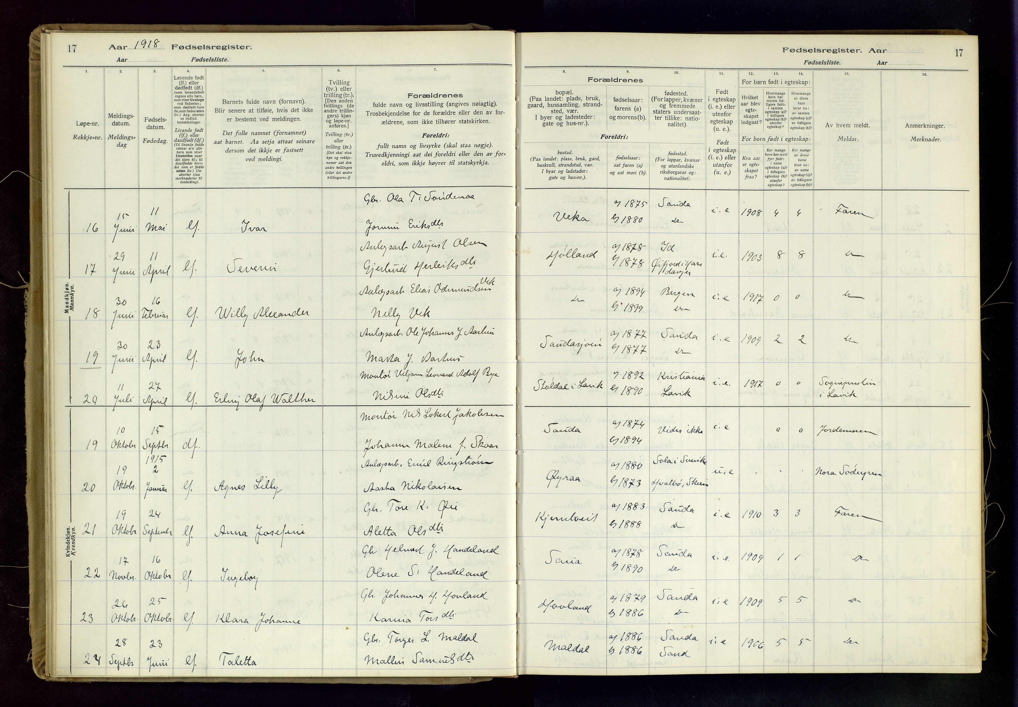 Sand sokneprestkontor, AV/SAST-A-101848/03/C/L0003: Fødselsregister nr. 3, 1916-1936, s. 17