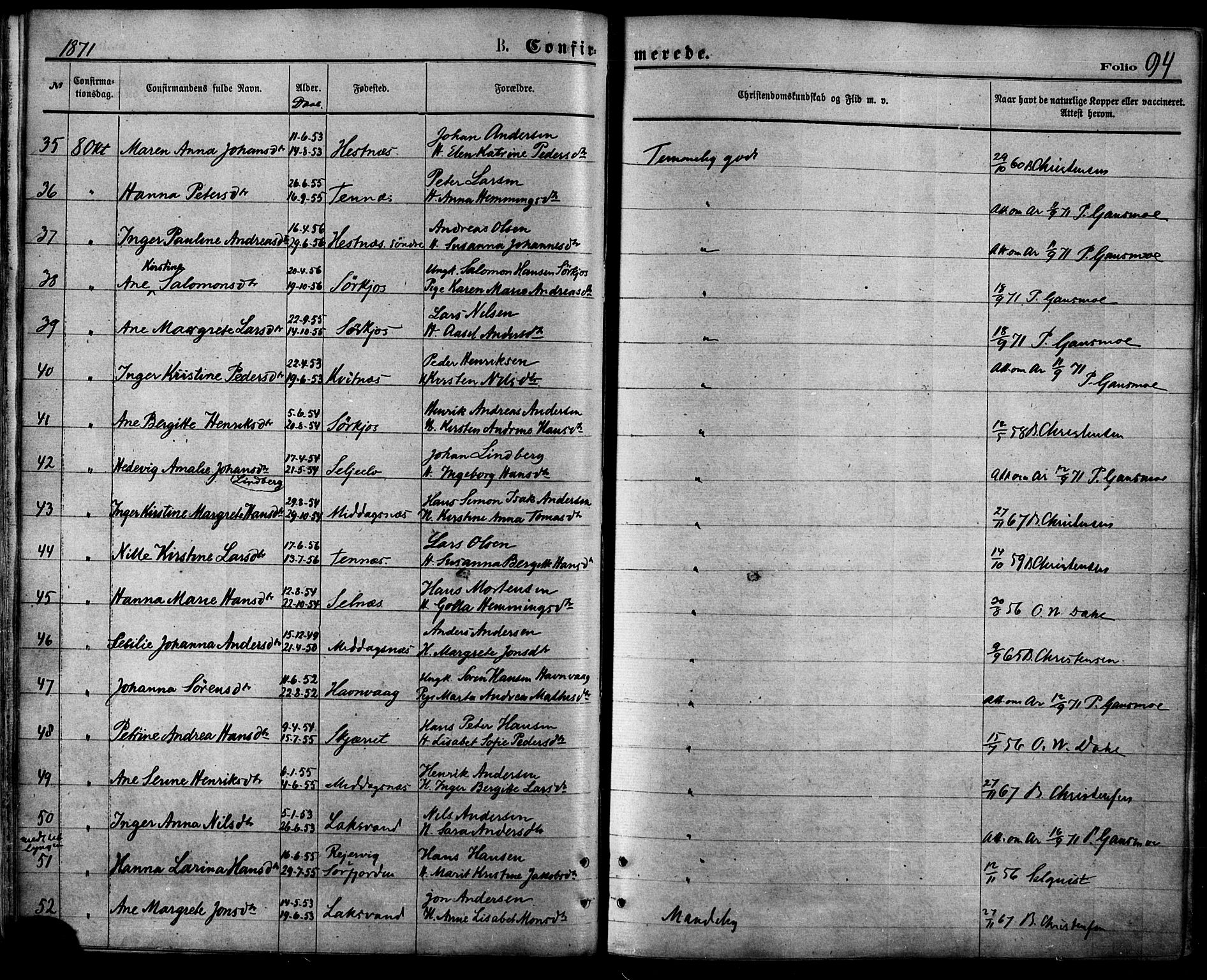 Balsfjord sokneprestembete, AV/SATØ-S-1303/G/Gaa/L0004kirke: Ministerialbok nr. 4, 1871-1883, s. 94