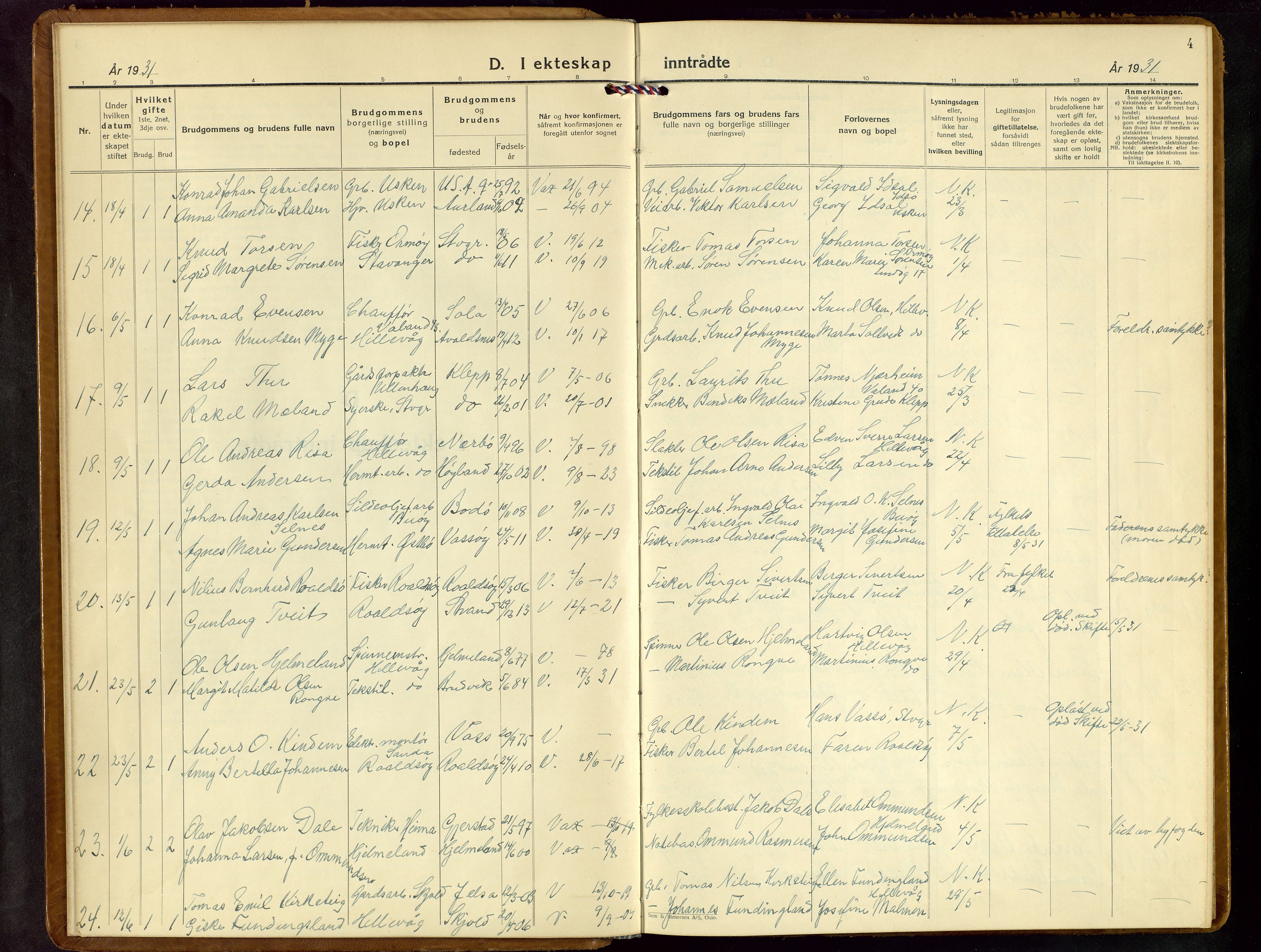 Hetland sokneprestkontor, AV/SAST-A-101826/30/30BB/L0013: Klokkerbok nr. B 13, 1931-1952, s. 4
