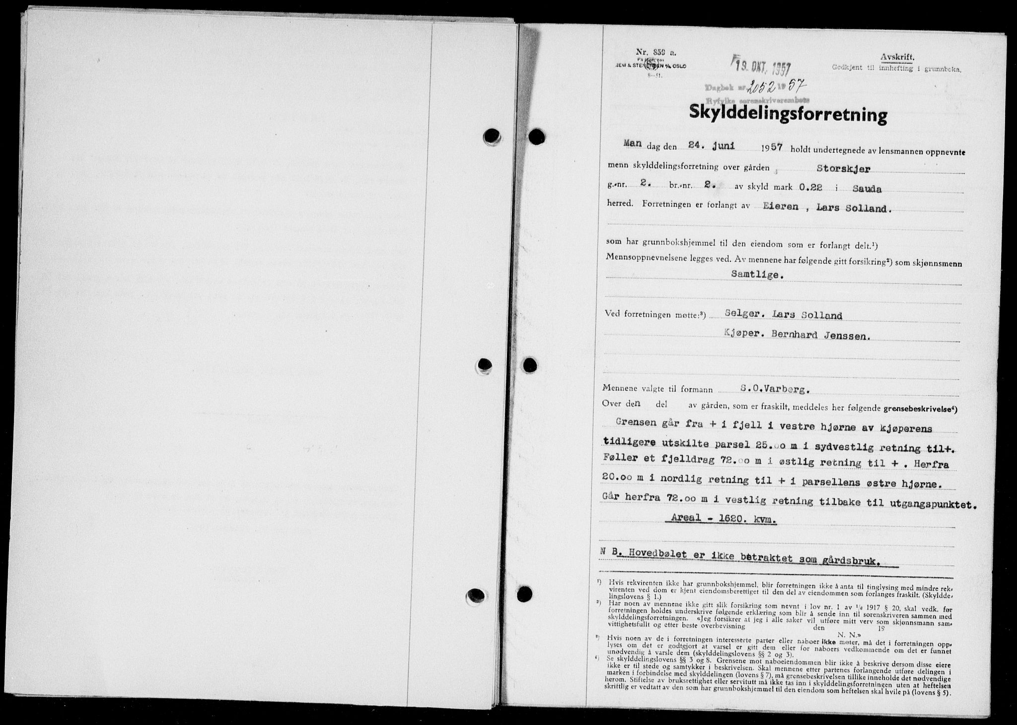 Ryfylke tingrett, SAST/A-100055/001/II/IIB/L0139: Pantebok nr. 118, 1957-1957, Dagboknr: 2052/1957