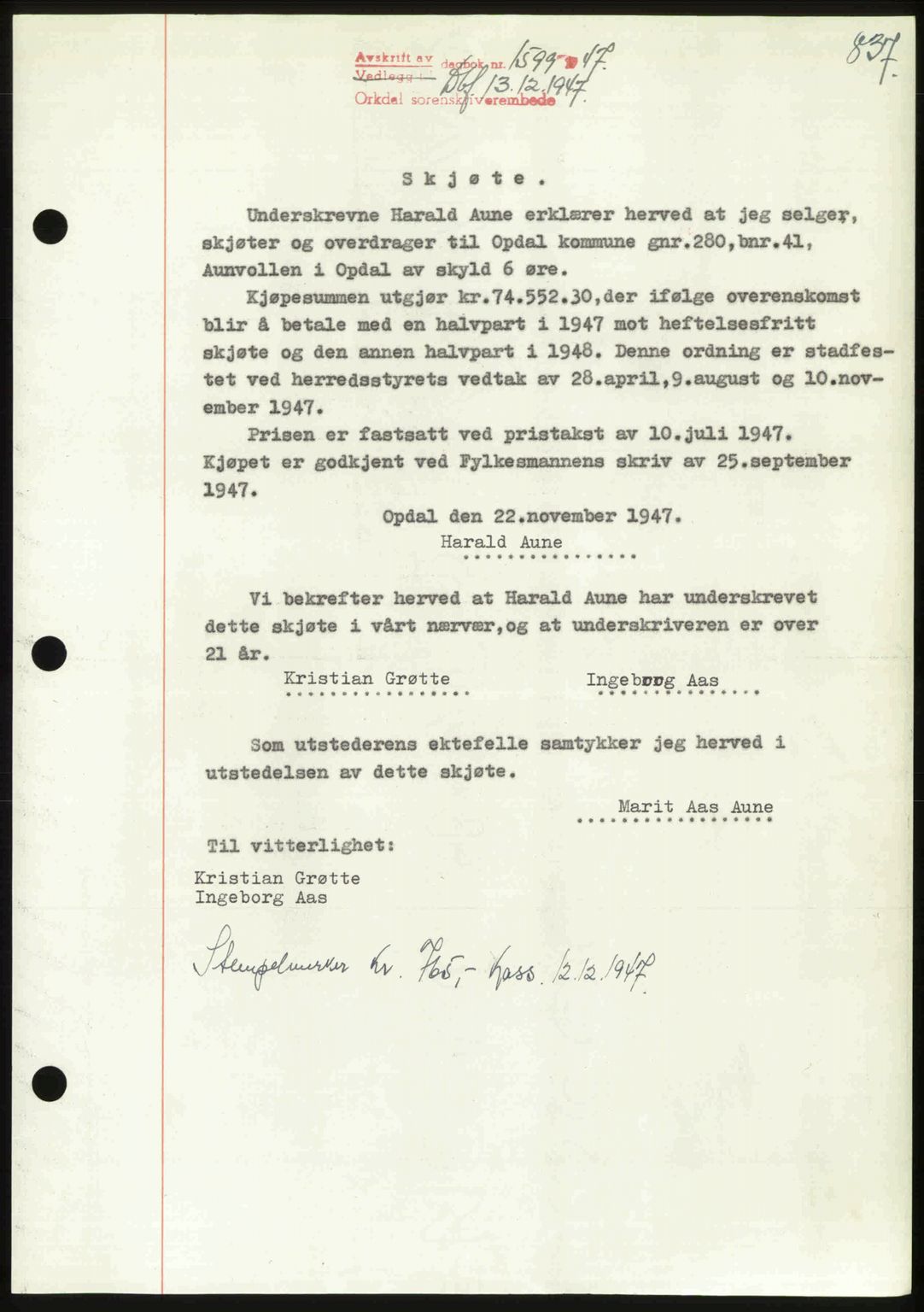 Orkdal sorenskriveri, SAT/A-4169/1/2/2C: Pantebok nr. A, 1947-1947, Dagboknr: 1599/1947