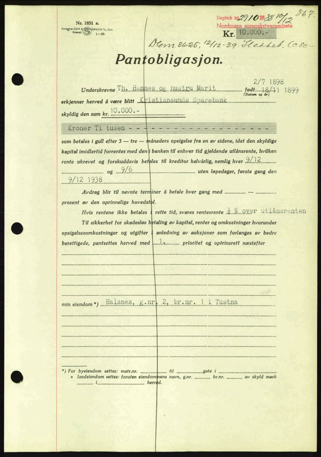 Nordmøre sorenskriveri, AV/SAT-A-4132/1/2/2Ca: Pantebok nr. B84, 1938-1939, Dagboknr: 2910/1938