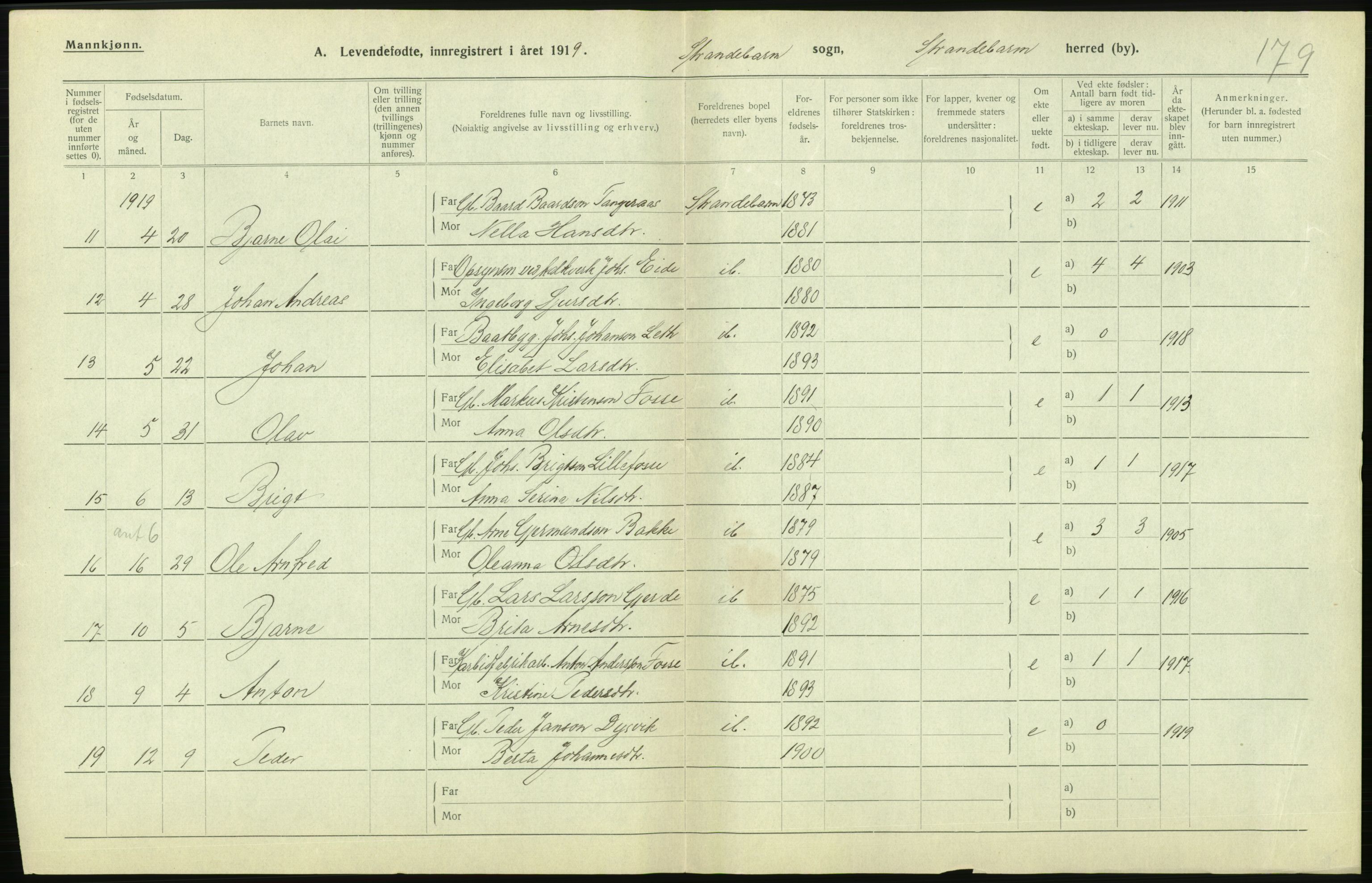 Statistisk sentralbyrå, Sosiodemografiske emner, Befolkning, RA/S-2228/D/Df/Dfb/Dfbi/L0031: Hordaland fylke: Levendefødte menn og kvinner. Bygder., 1919, s. 492