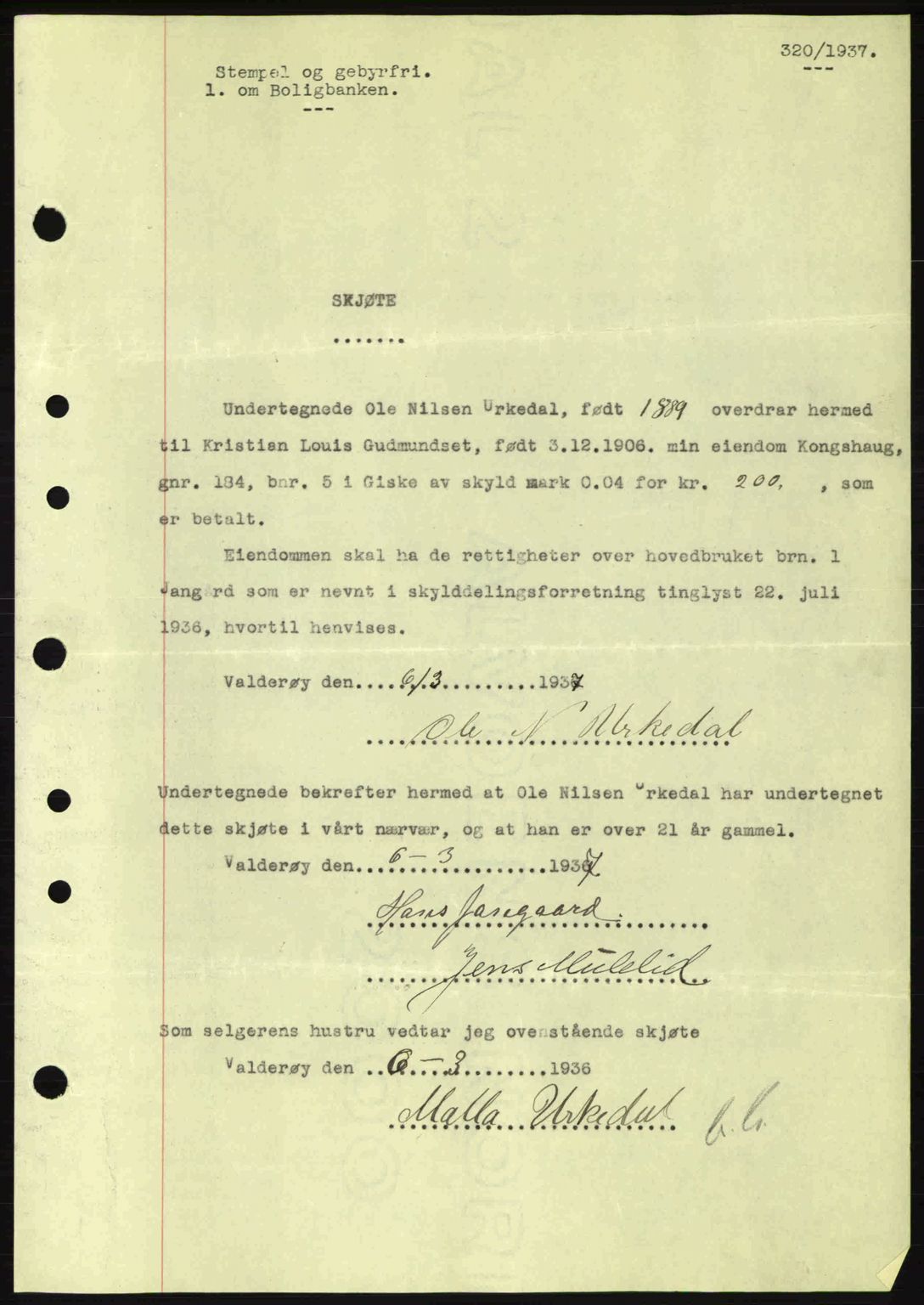 Nordre Sunnmøre sorenskriveri, SAT/A-0006/1/2/2C/2Ca: Pantebok nr. A2, 1936-1937, Dagboknr: 320/1937