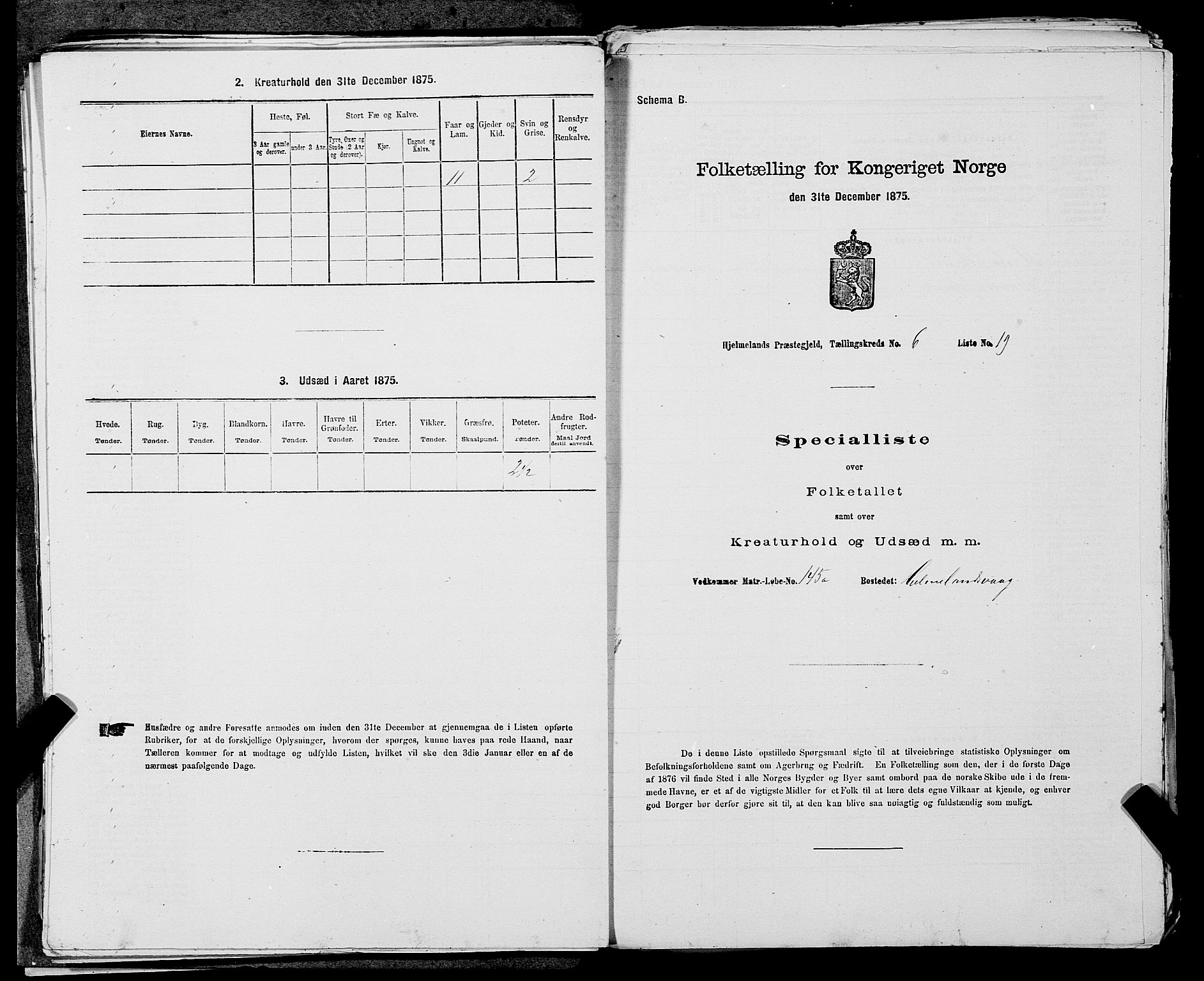 SAST, Folketelling 1875 for 1133P Hjelmeland prestegjeld, 1875, s. 721