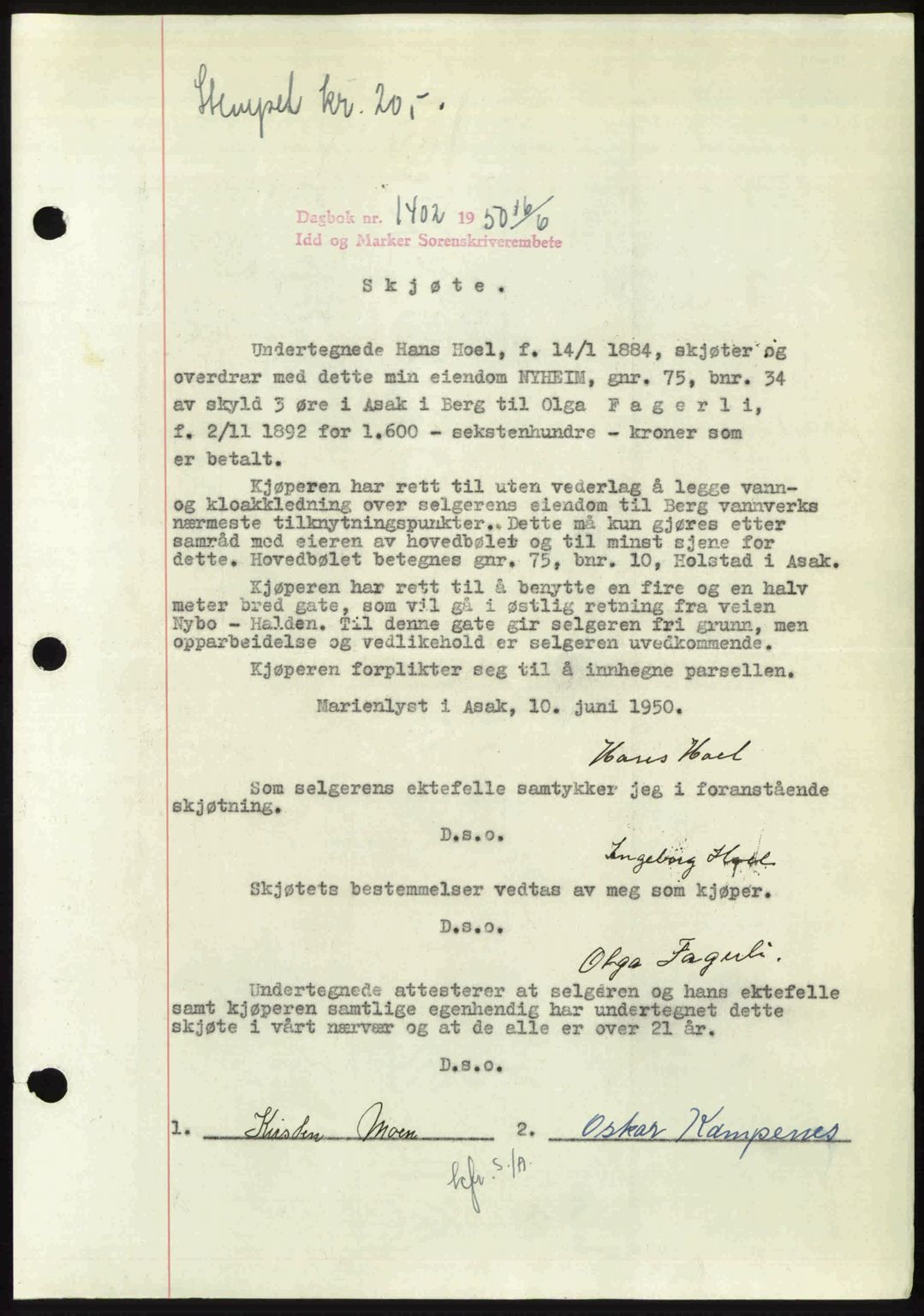 Idd og Marker sorenskriveri, AV/SAO-A-10283/G/Gb/Gbb/L0014: Pantebok nr. A14, 1950-1950, Dagboknr: 1402/1950