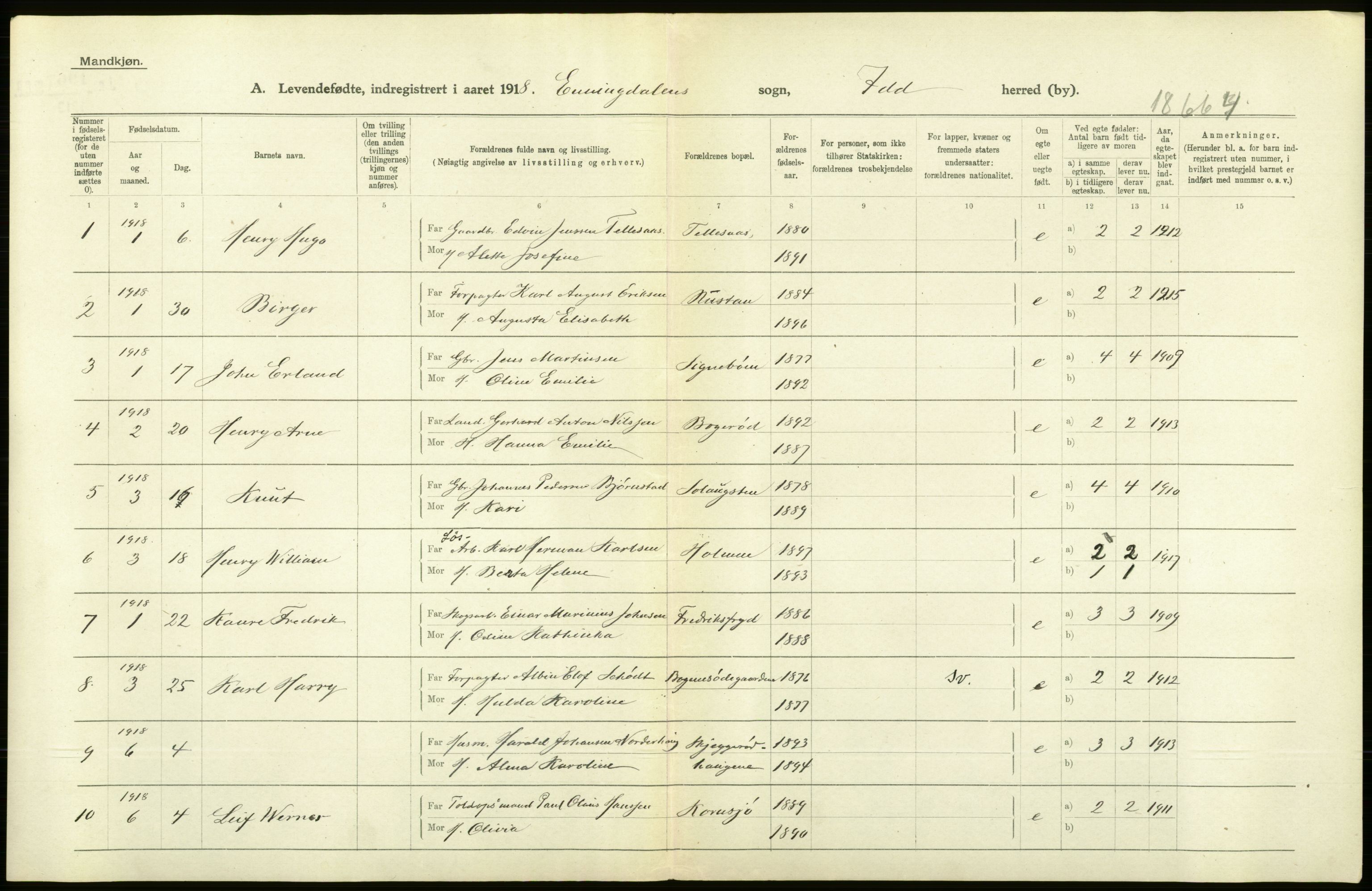 Statistisk sentralbyrå, Sosiodemografiske emner, Befolkning, RA/S-2228/D/Df/Dfb/Dfbh/L0001: Østfold fylke: Levendefødte menn og kvinner. Bygder., 1918, s. 242