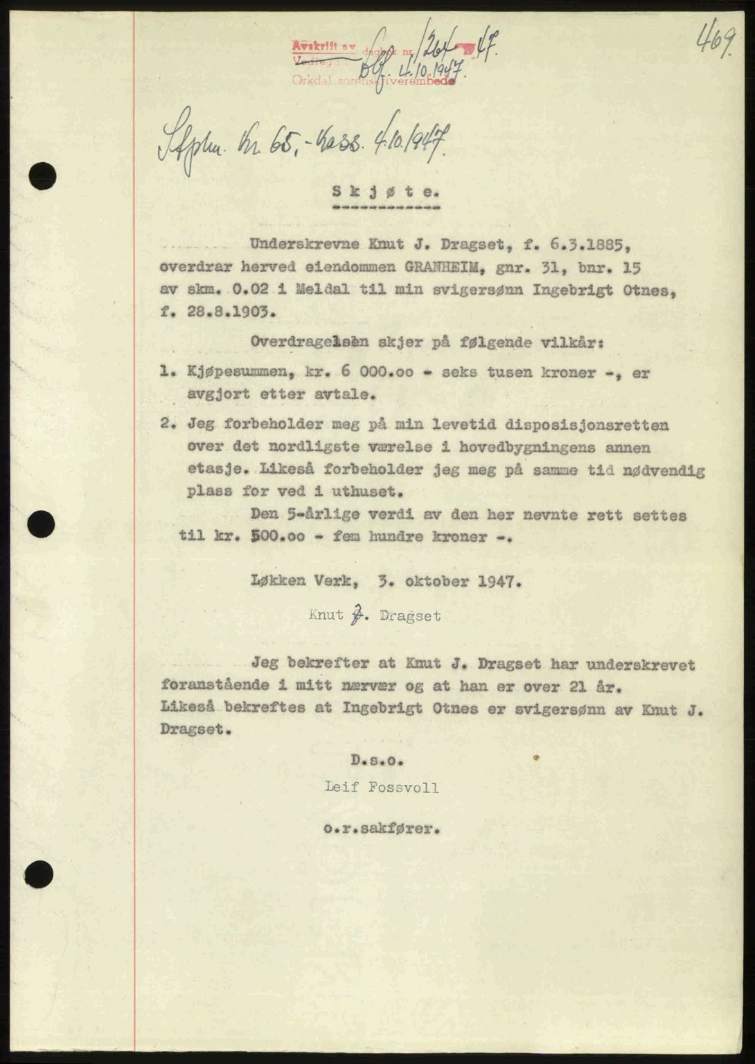 Orkdal sorenskriveri, SAT/A-4169/1/2/2C: Pantebok nr. A, 1947-1947, Dagboknr: 1264/1947