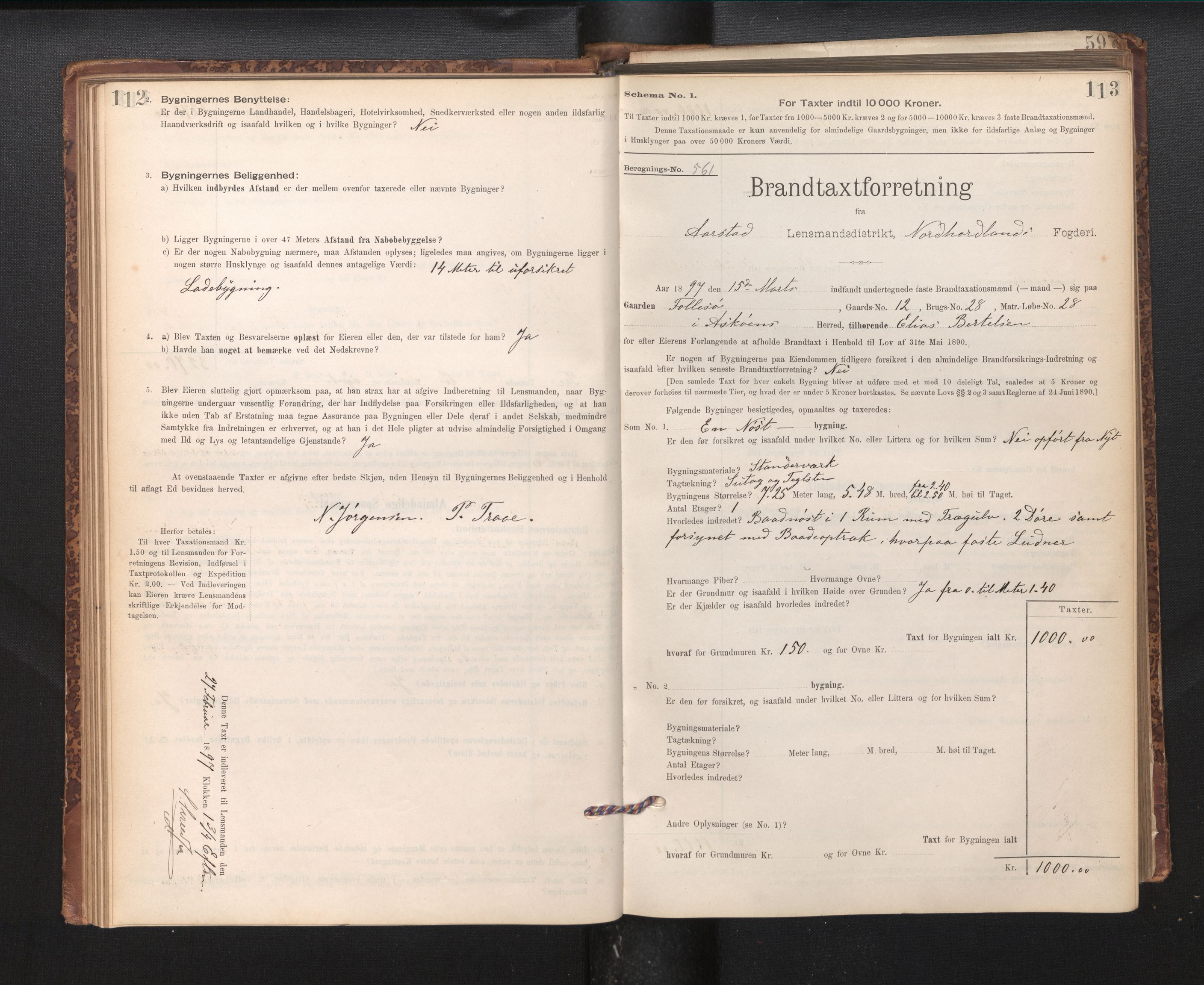 Lensmannen i Årstad, AV/SAB-A-36201/0012/L0011: Branntakstprotokoll,skjematakst, 1895-1901, s. 112-113