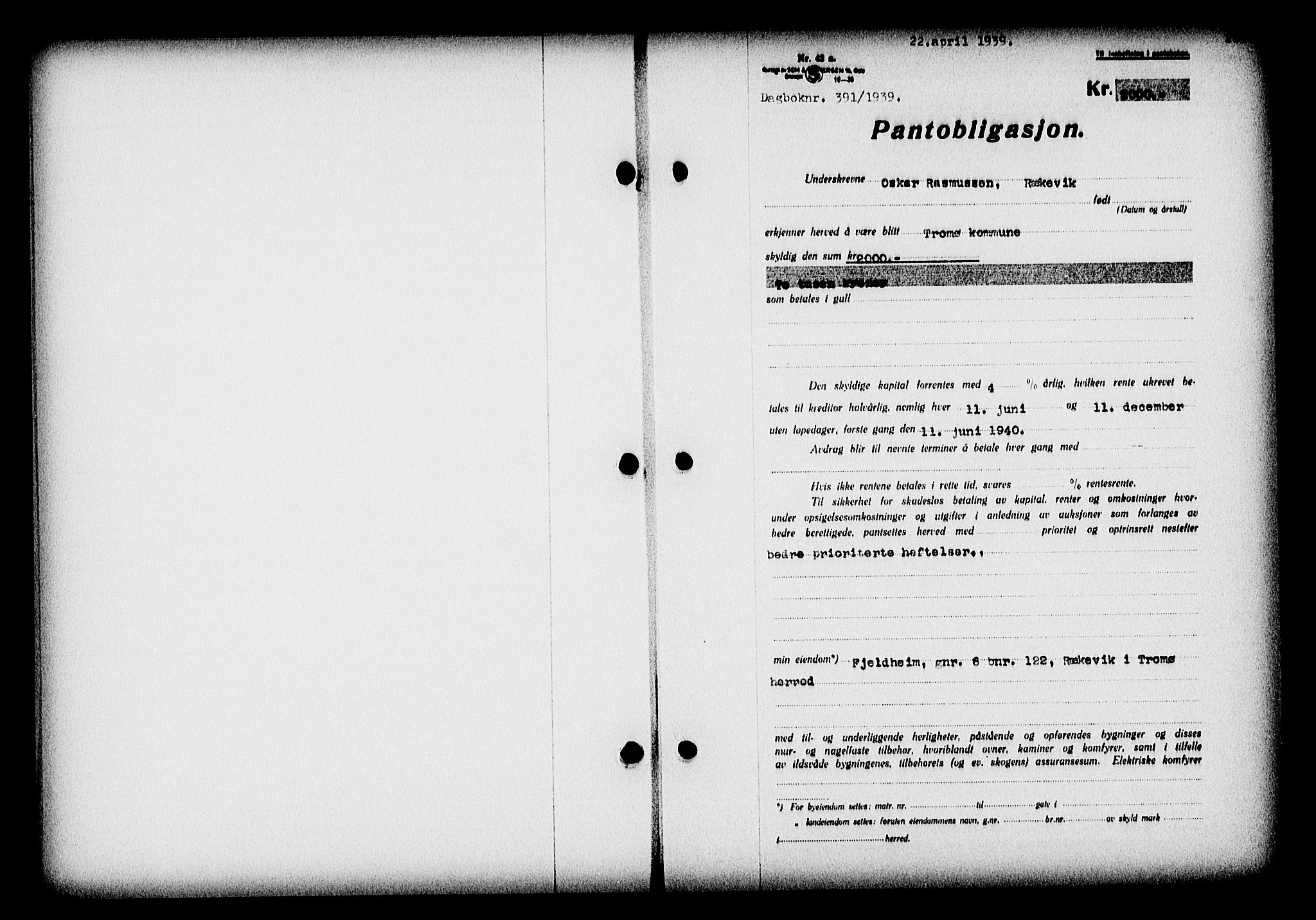 Nedenes sorenskriveri, SAK/1221-0006/G/Gb/Gba/L0046: Pantebok nr. 42, 1938-1939, Dagboknr: 391/1939