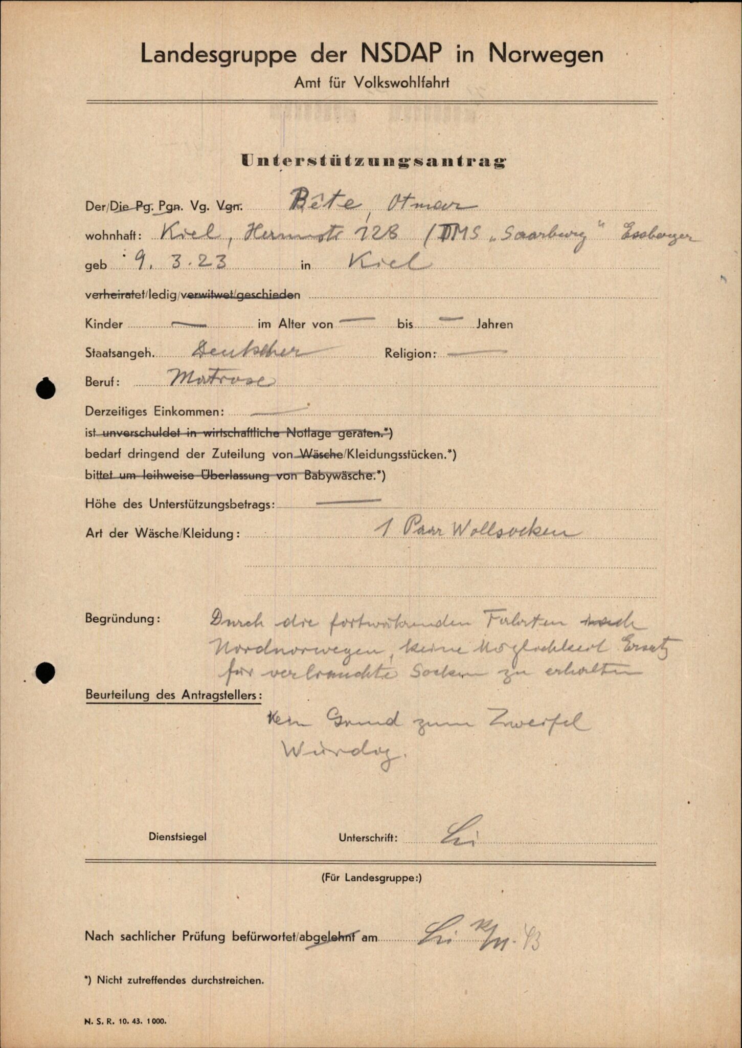 Forsvarets Overkommando. 2 kontor. Arkiv 11.4. Spredte tyske arkivsaker, AV/RA-RAFA-7031/D/Dar/Darb/L0015: Reichskommissariat - NSDAP in Norwegen, 1938-1945, s. 1023