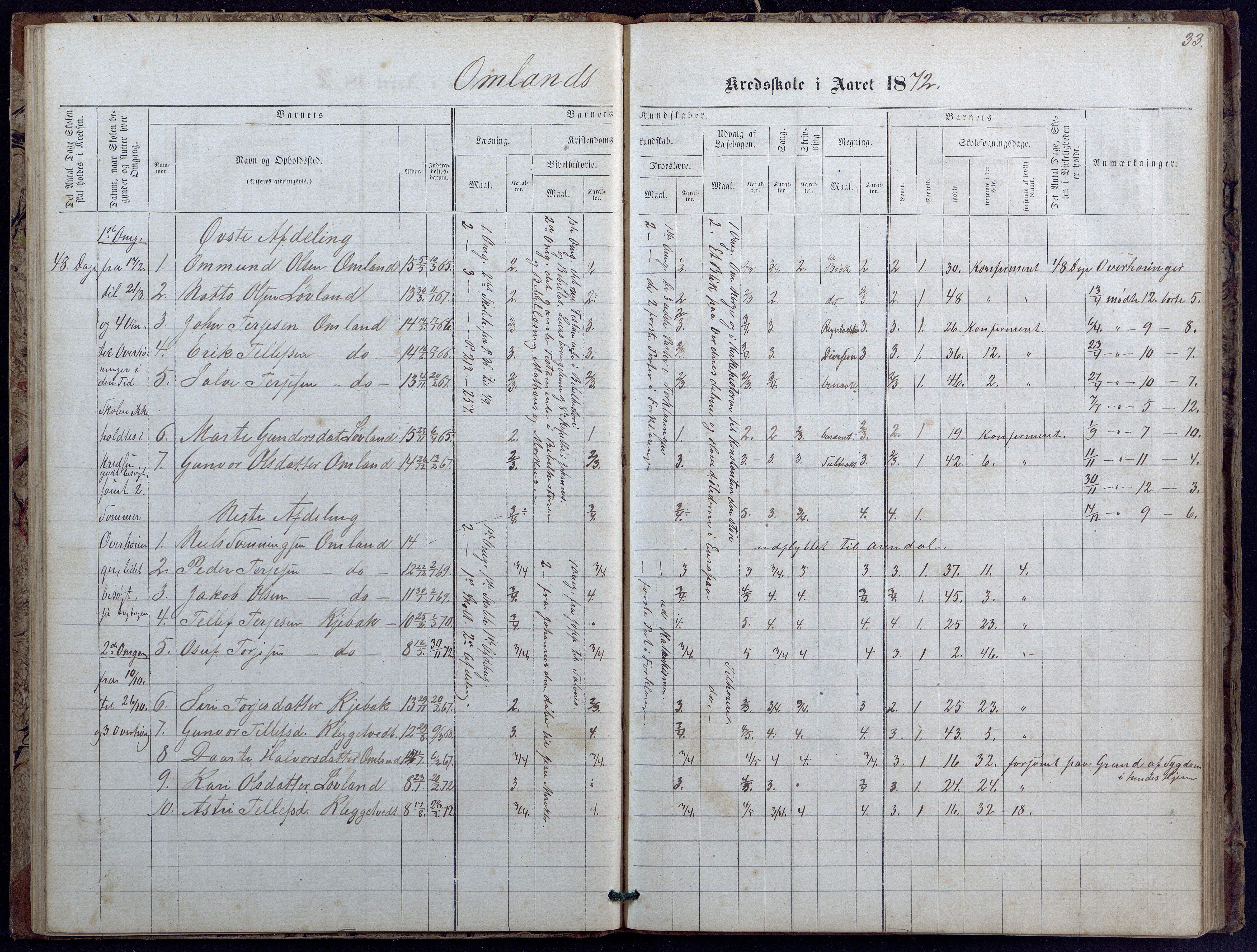 Evje kommune, Landsverk/Omland/Rosseland skolekretser, AAKS/KA0937-550d/F1/L0001: Skoleprotokoll for Landsverk, Omland, Rosseland skolekretser, 1863-1888, s. 33