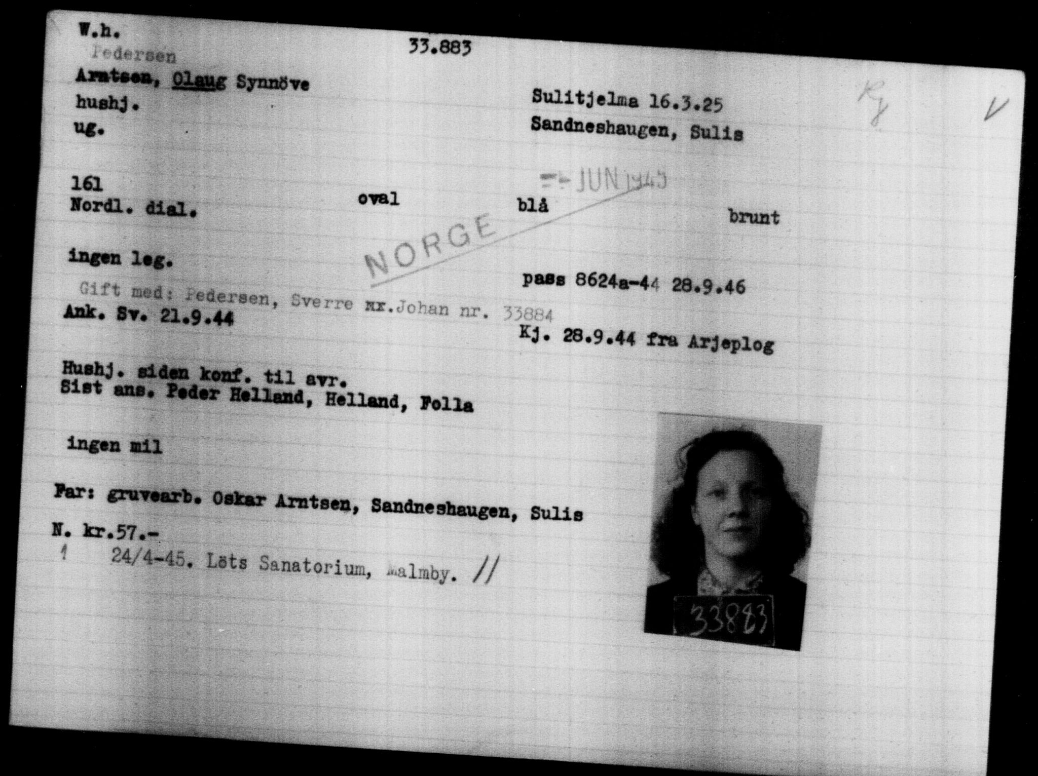 Utenriksstasjonene, Legasjonen i Stockholm, Flyktningkontoret, AV/RA-S-6753/V/Va/L0013: Kjesäterkartoteket, flyktninger med registreringsnr. 31500-34731, 1940-1945, s. 2518