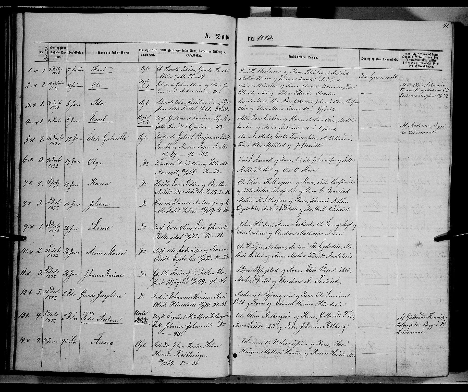 Vardal prestekontor, AV/SAH-PREST-100/H/Ha/Hab/L0006: Klokkerbok nr. 6, 1869-1881, s. 41