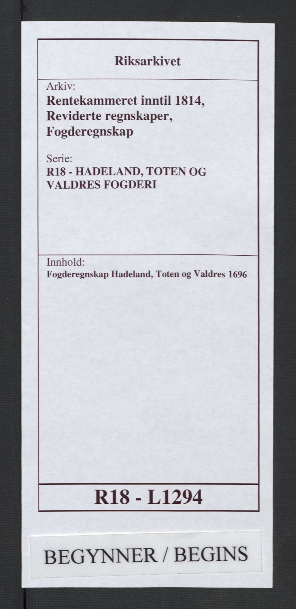 Rentekammeret inntil 1814, Reviderte regnskaper, Fogderegnskap, AV/RA-EA-4092/R18/L1294: Fogderegnskap Hadeland, Toten og Valdres, 1696, s. 1