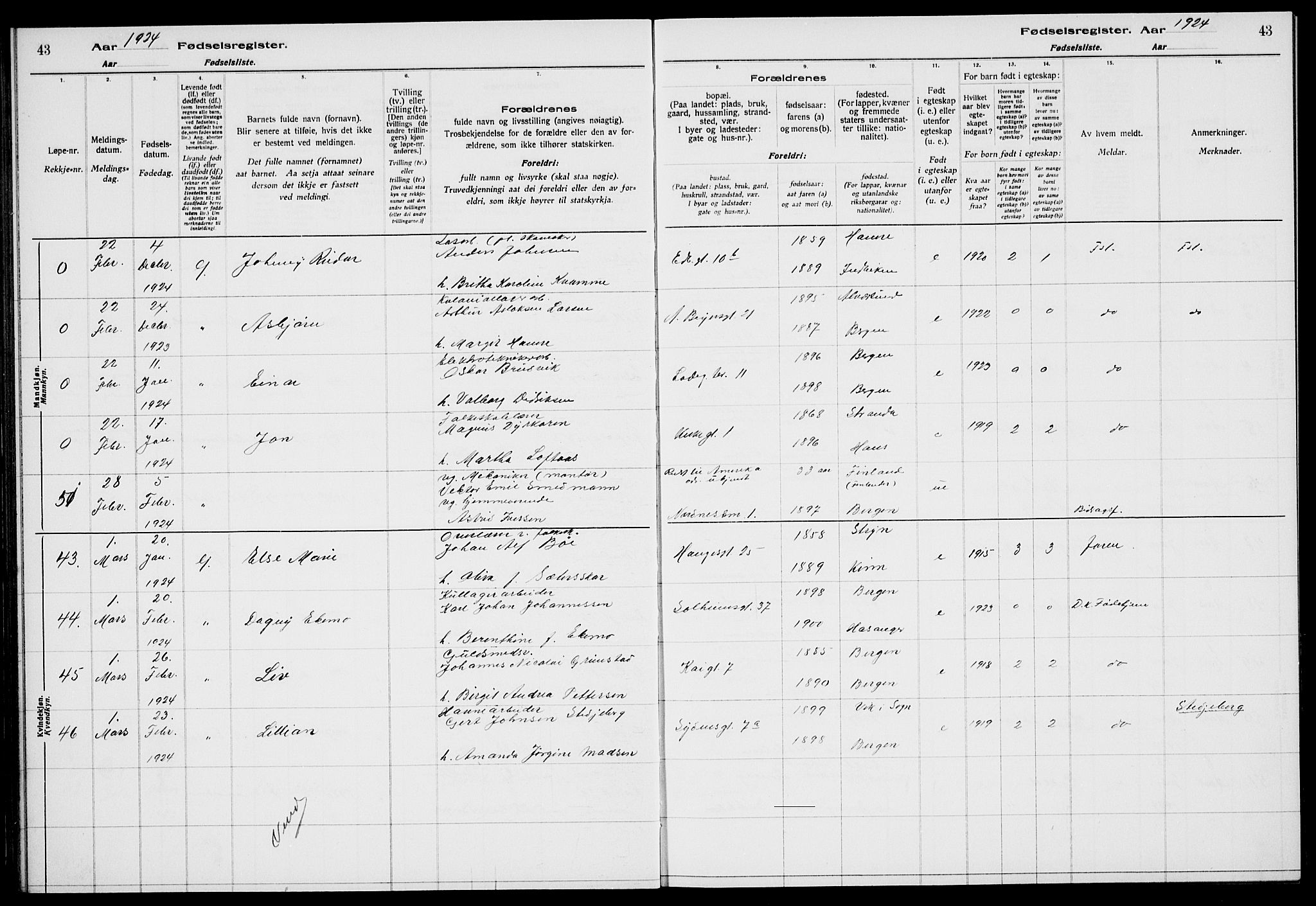 Sandviken Sokneprestembete, AV/SAB-A-77601/I/Ib/L00A3: Fødselsregister nr. A 3, 1923-1926, s. 43