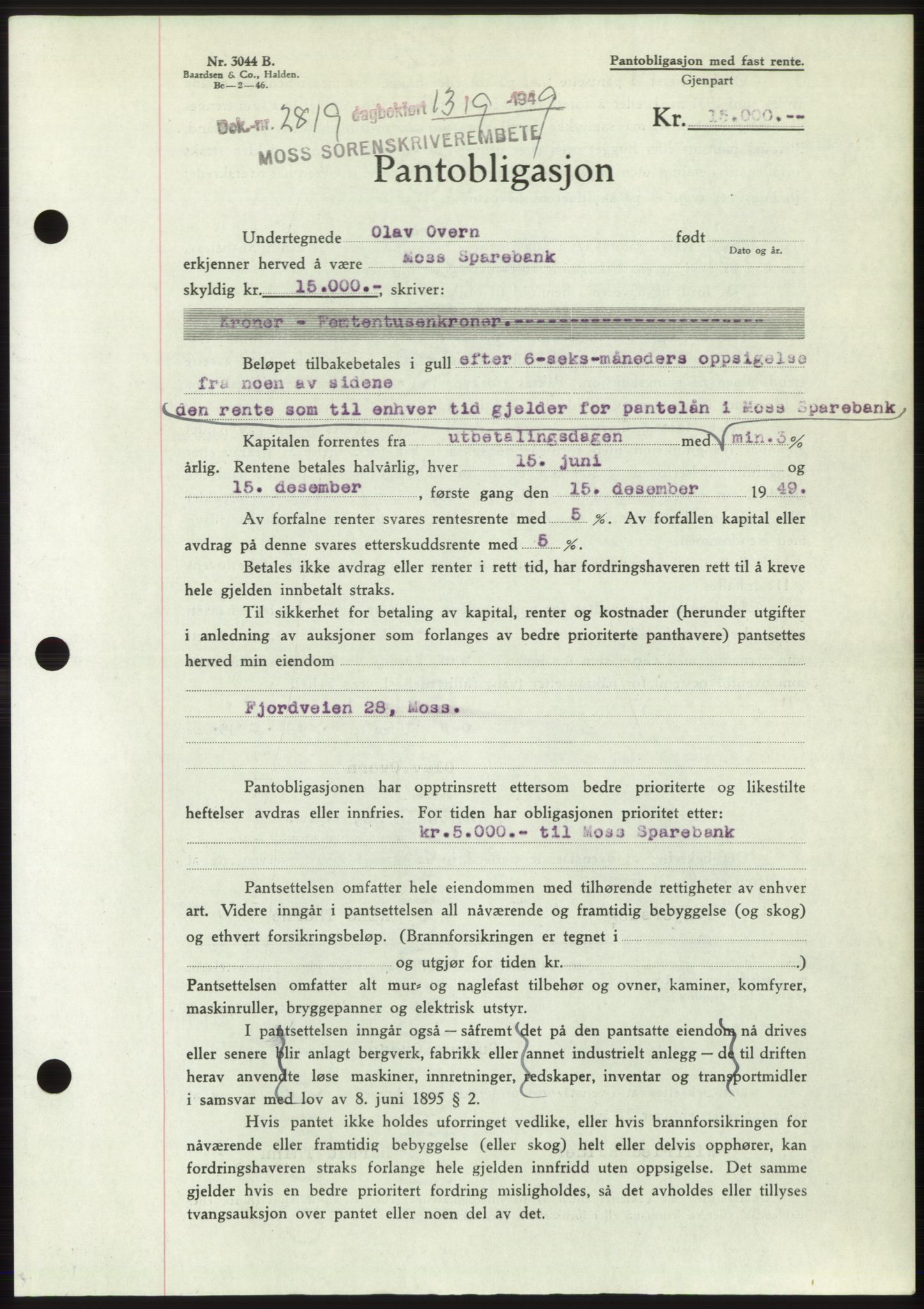 Moss sorenskriveri, SAO/A-10168: Pantebok nr. B22, 1949-1949, Dagboknr: 2819/1949