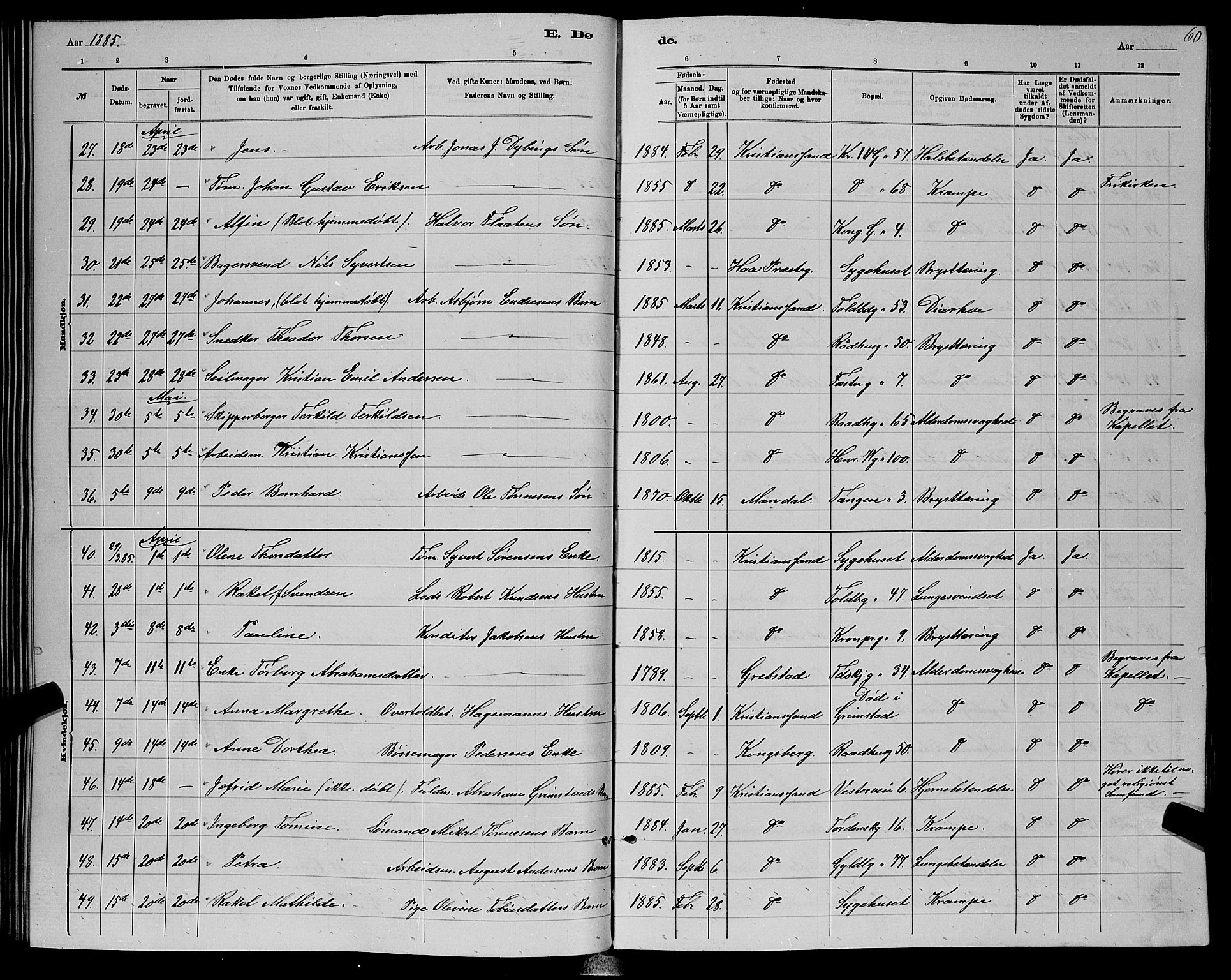 Kristiansand domprosti, AV/SAK-1112-0006/F/Fb/L0016: Klokkerbok nr. B 16, 1881-1893, s. 60