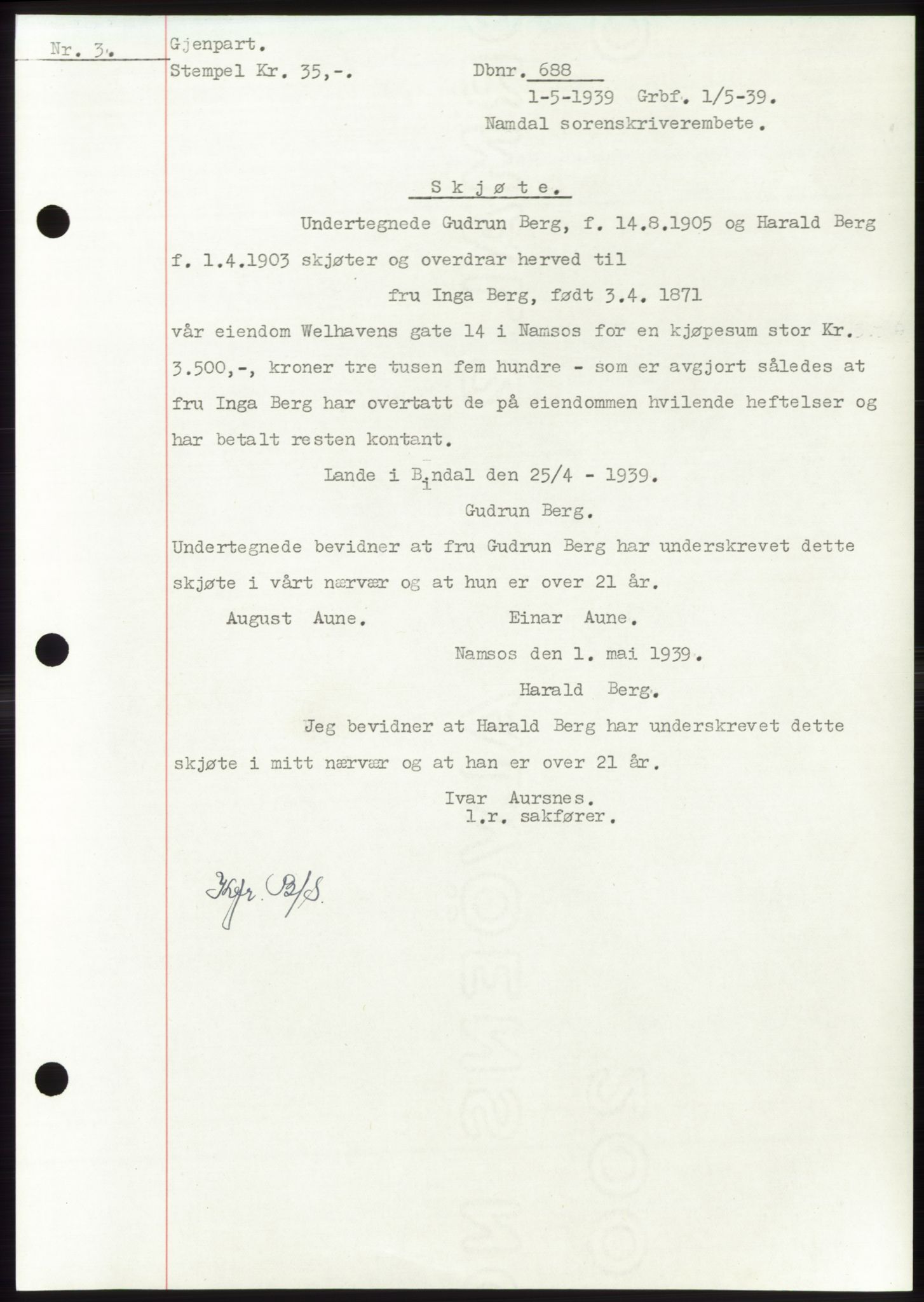 Namdal sorenskriveri, SAT/A-4133/1/2/2C: Pantebok nr. -, 1937-1939, Tingl.dato: 01.05.1939