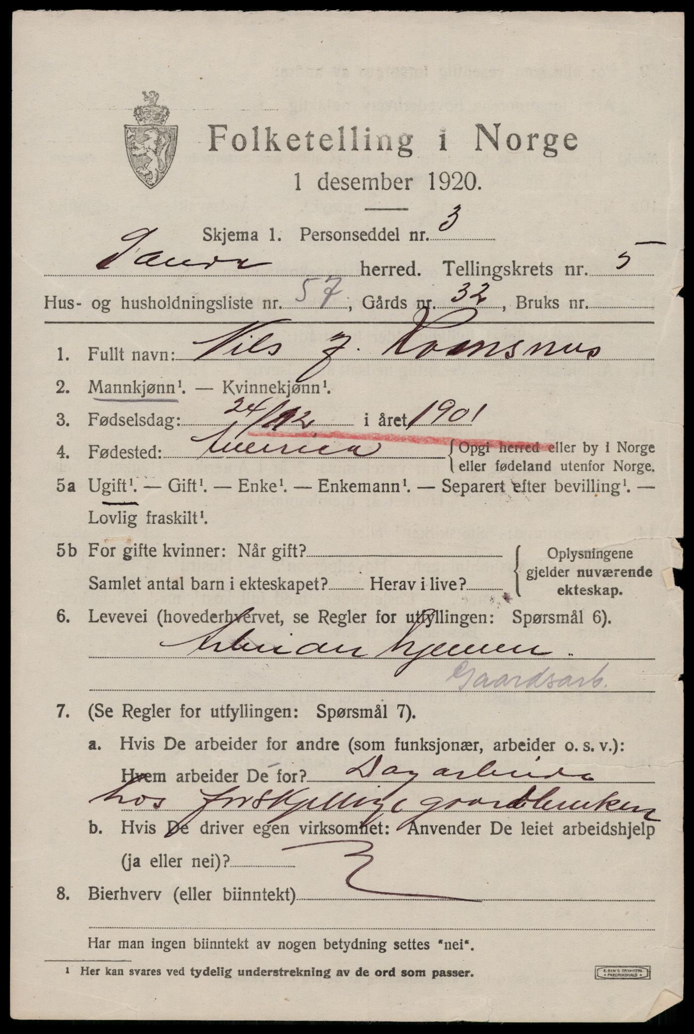 SAST, Folketelling 1920 for 1135 Sauda herred, 1920, s. 3714