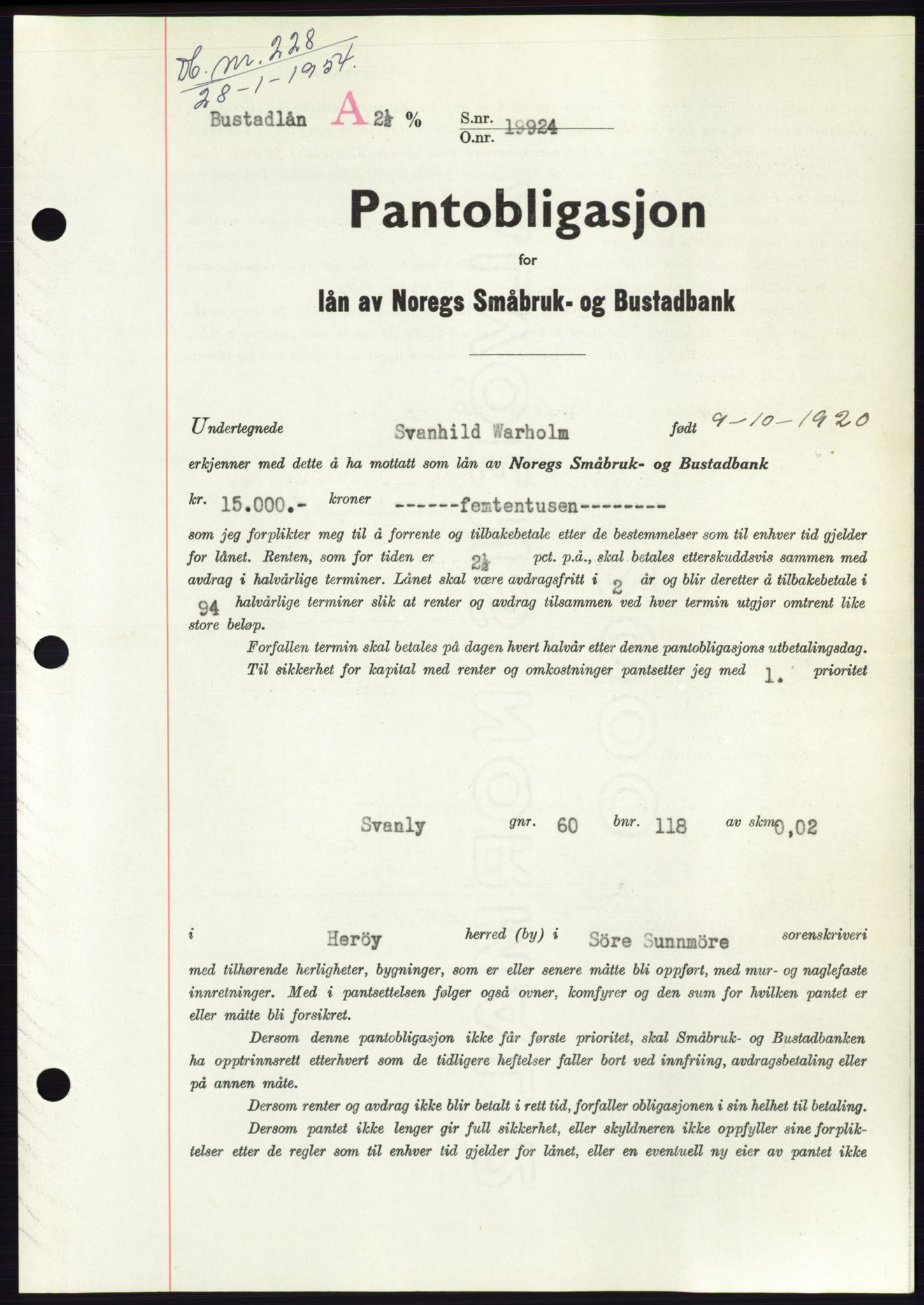 Søre Sunnmøre sorenskriveri, AV/SAT-A-4122/1/2/2C/L0124: Pantebok nr. 12B, 1953-1954, Dagboknr: 228/1954