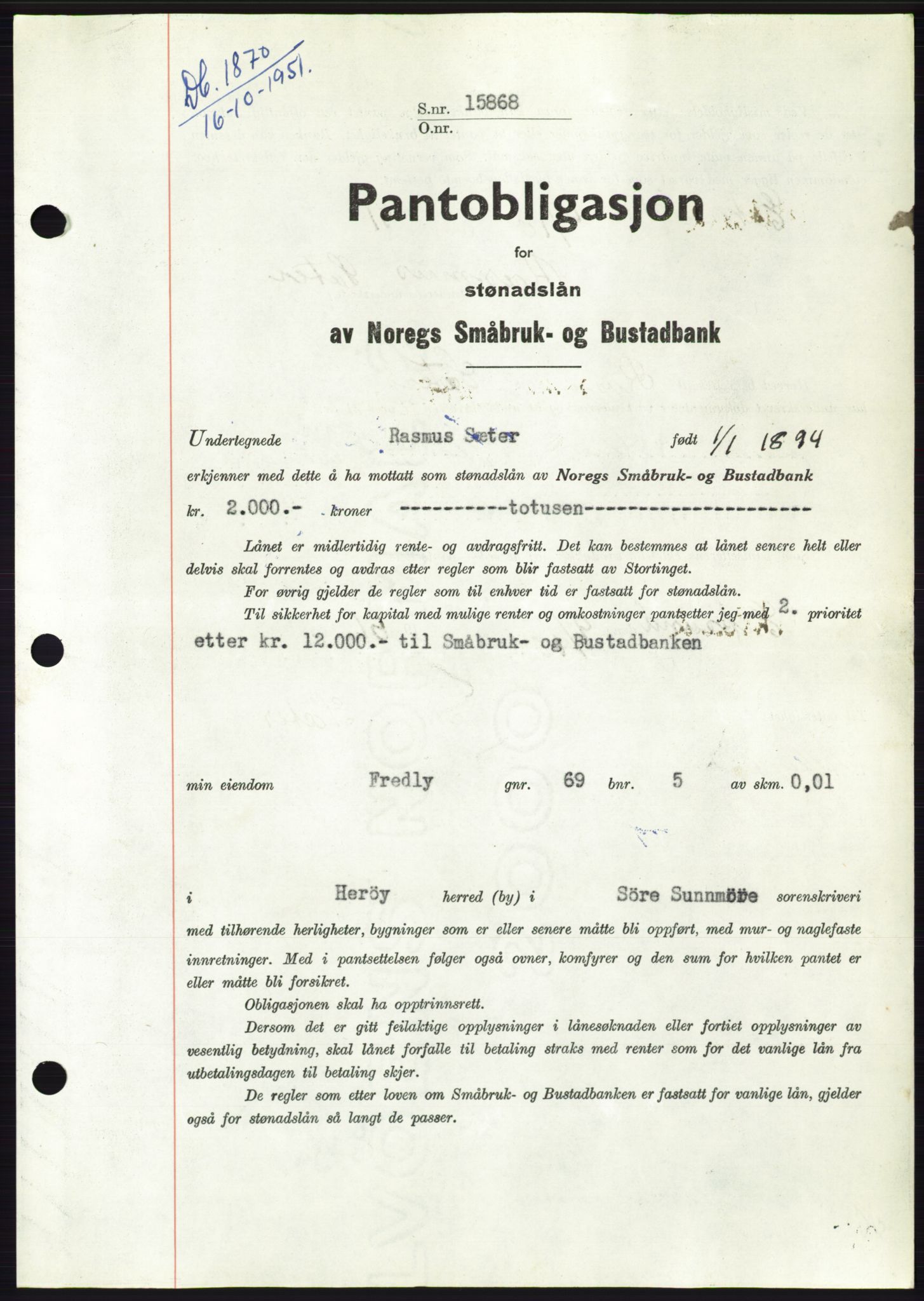 Søre Sunnmøre sorenskriveri, SAT/A-4122/1/2/2C/L0120: Pantebok nr. 8B, 1951-1951, Dagboknr: 1870/1951