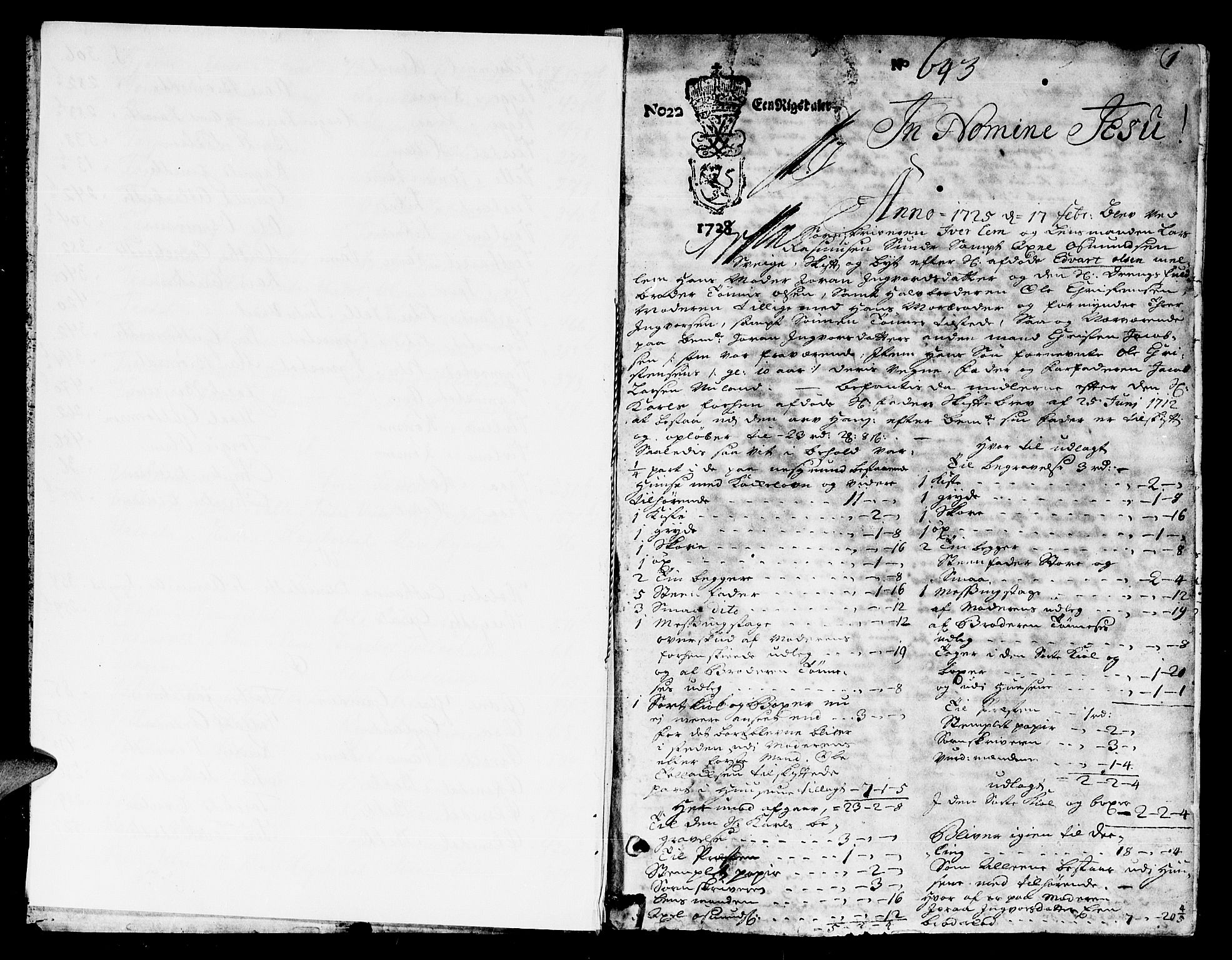 Lister sorenskriveri, AV/SAK-1221-0003/H/Hc/L0020: Skifteprotokoll nr 20 med register, 1725-1729, s. 0b-1a