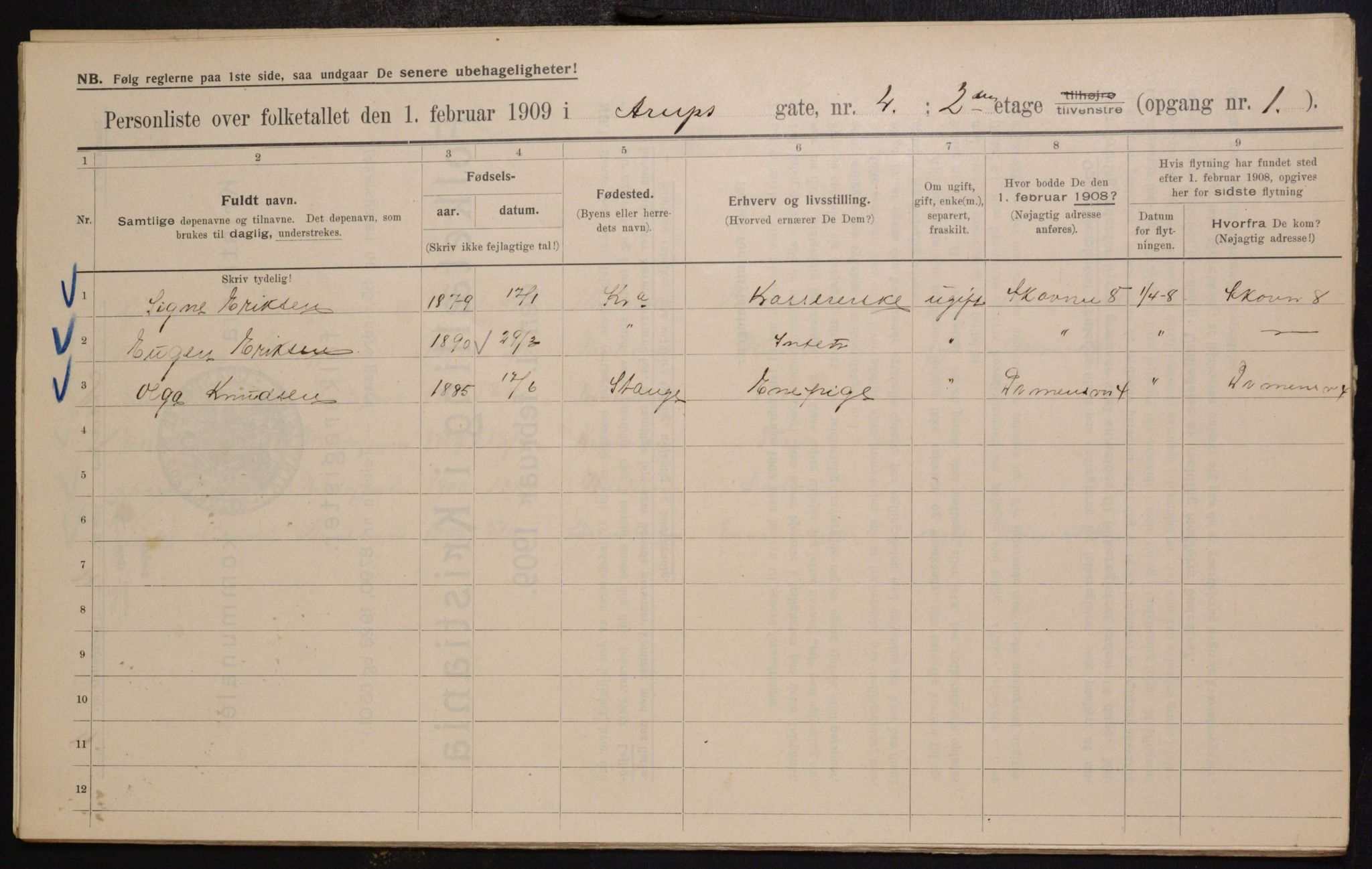 OBA, Kommunal folketelling 1.2.1909 for Kristiania kjøpstad, 1909, s. 2063