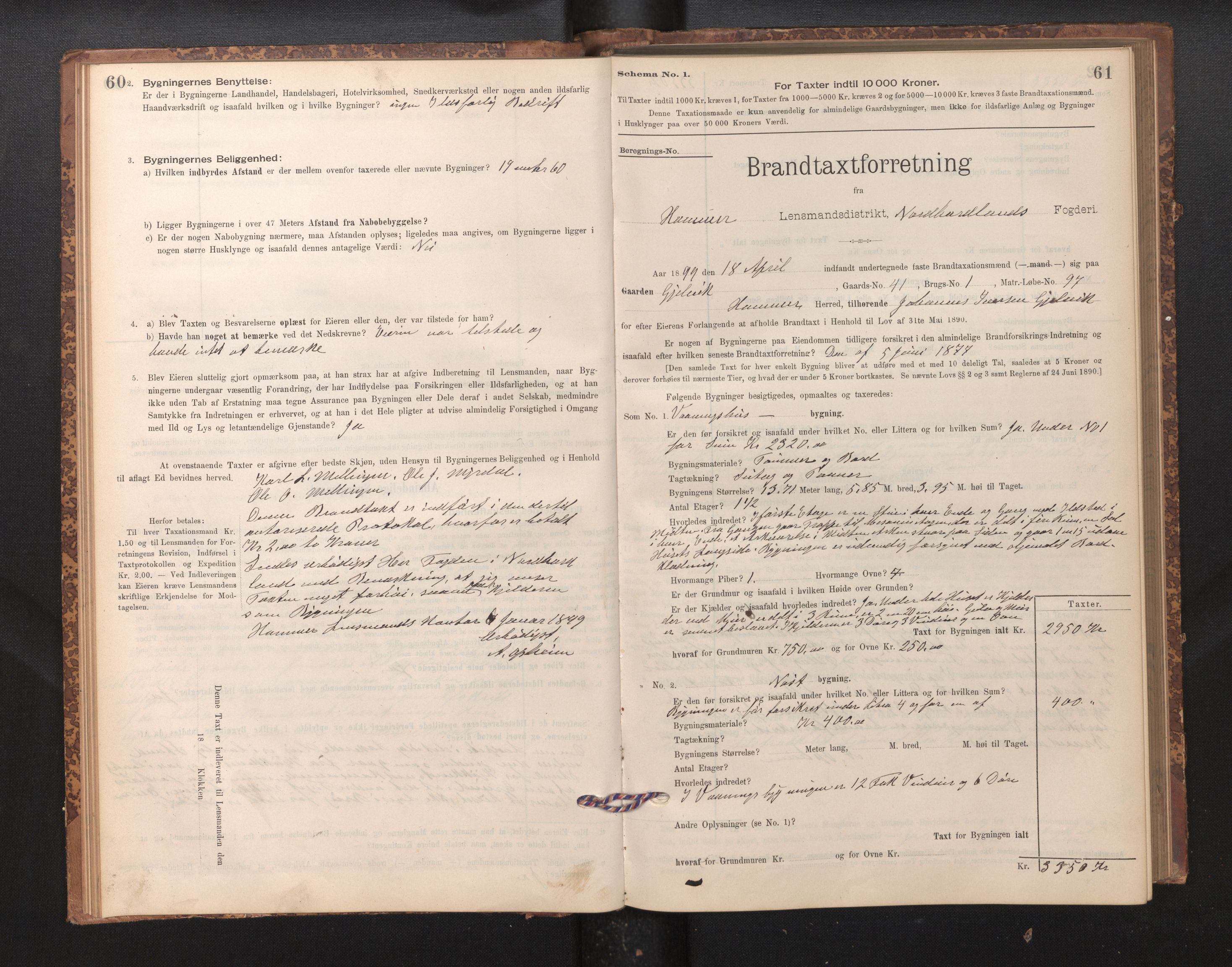Lensmannen i Hamre, SAB/A-32601/0012/L0004: Branntakstprotokoll, skjematakst, 1895-1920, s. 60-61