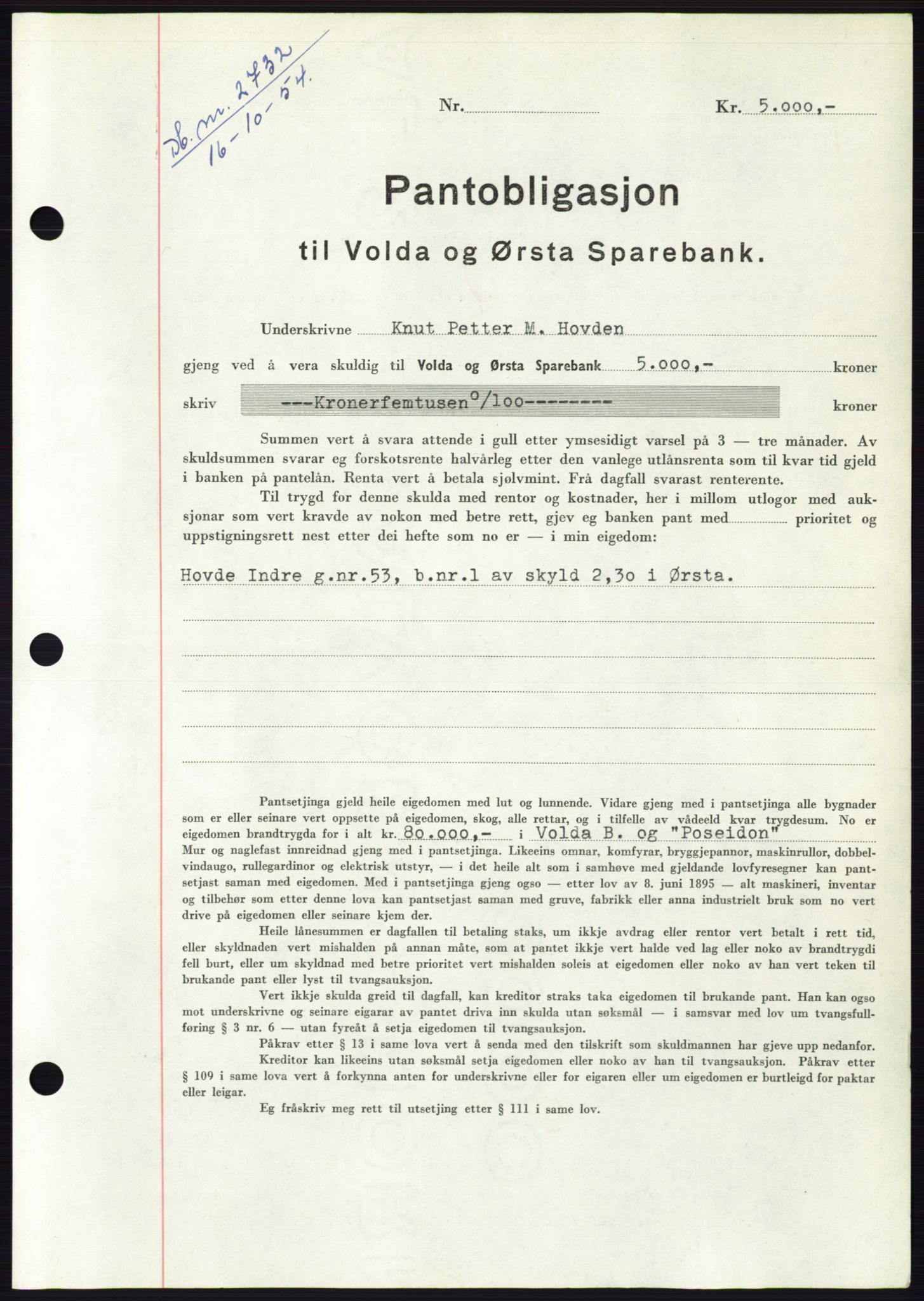 Søre Sunnmøre sorenskriveri, AV/SAT-A-4122/1/2/2C/L0126: Pantebok nr. 14B, 1954-1955, Dagboknr: 2732/1954