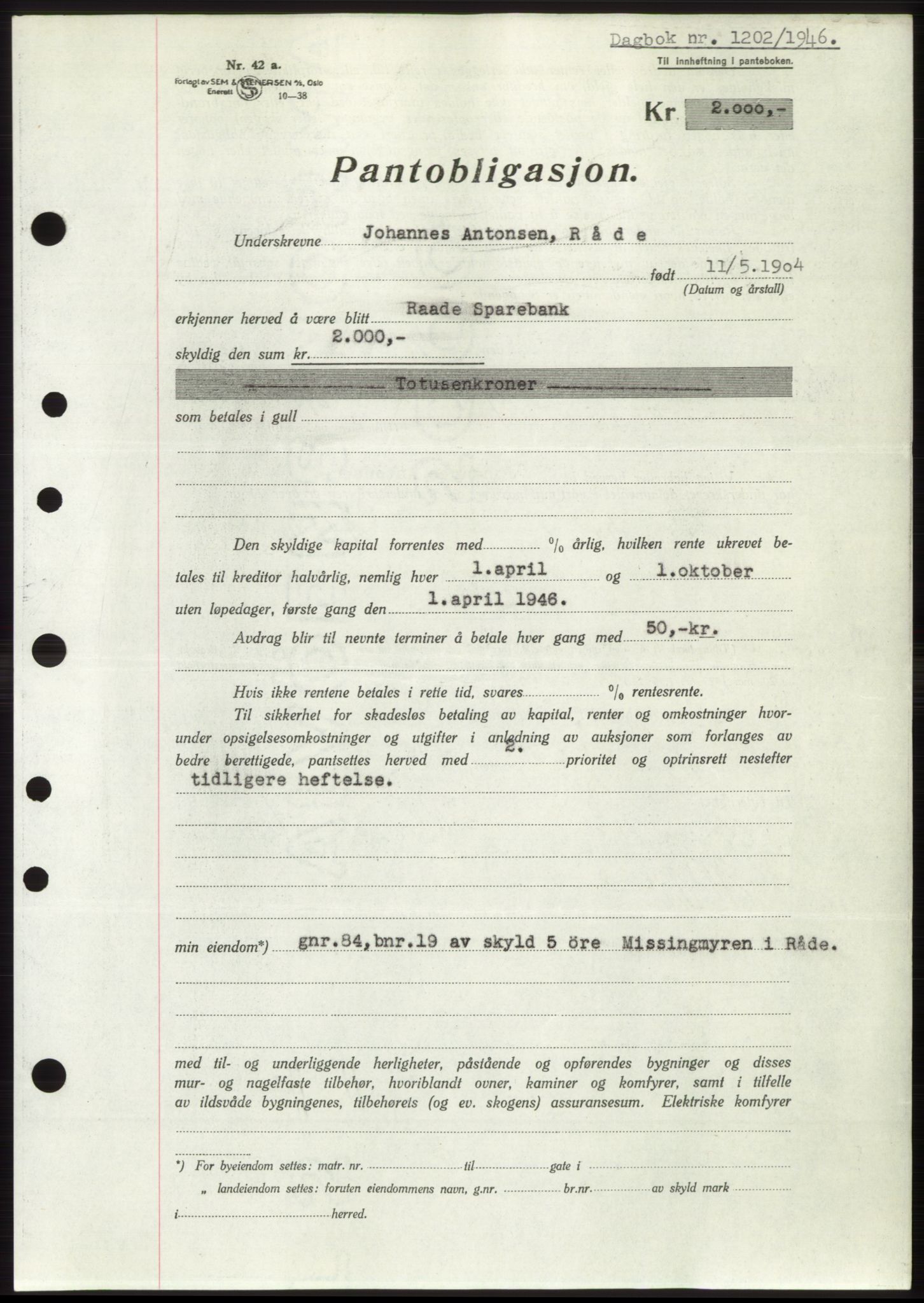 Moss sorenskriveri, SAO/A-10168: Pantebok nr. B15, 1946-1946, Dagboknr: 1202/1946