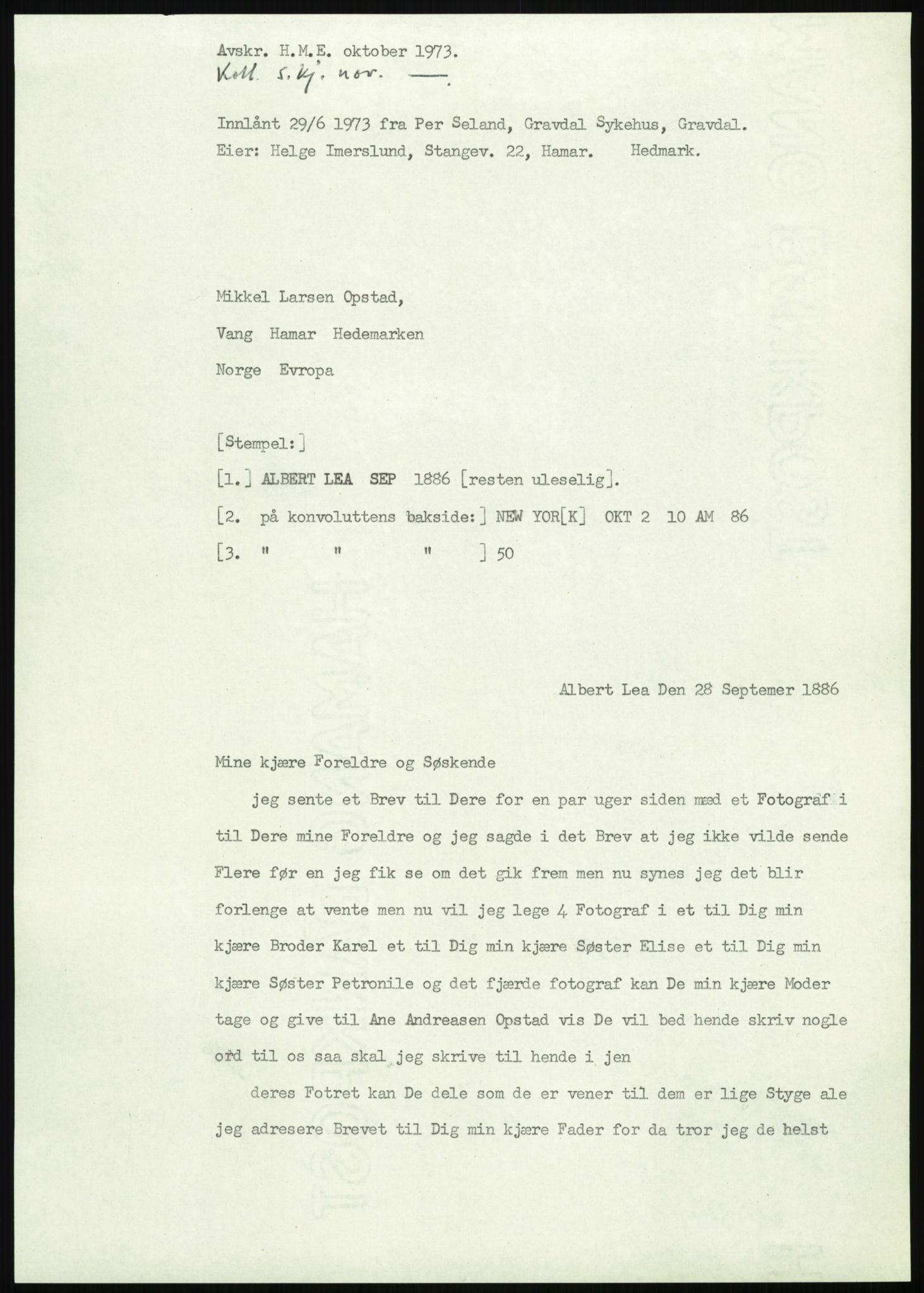 Samlinger til kildeutgivelse, Amerikabrevene, AV/RA-EA-4057/F/L0008: Innlån fra Hedmark: Gamkind - Semmingsen, 1838-1914, s. 49