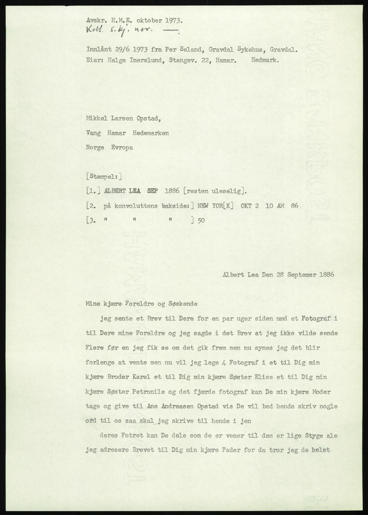 Samlinger til kildeutgivelse, Amerikabrevene, RA/EA-4057/F/L0008: Innlån fra Hedmark: Gamkind - Semmingsen, 1838-1914, s. 49