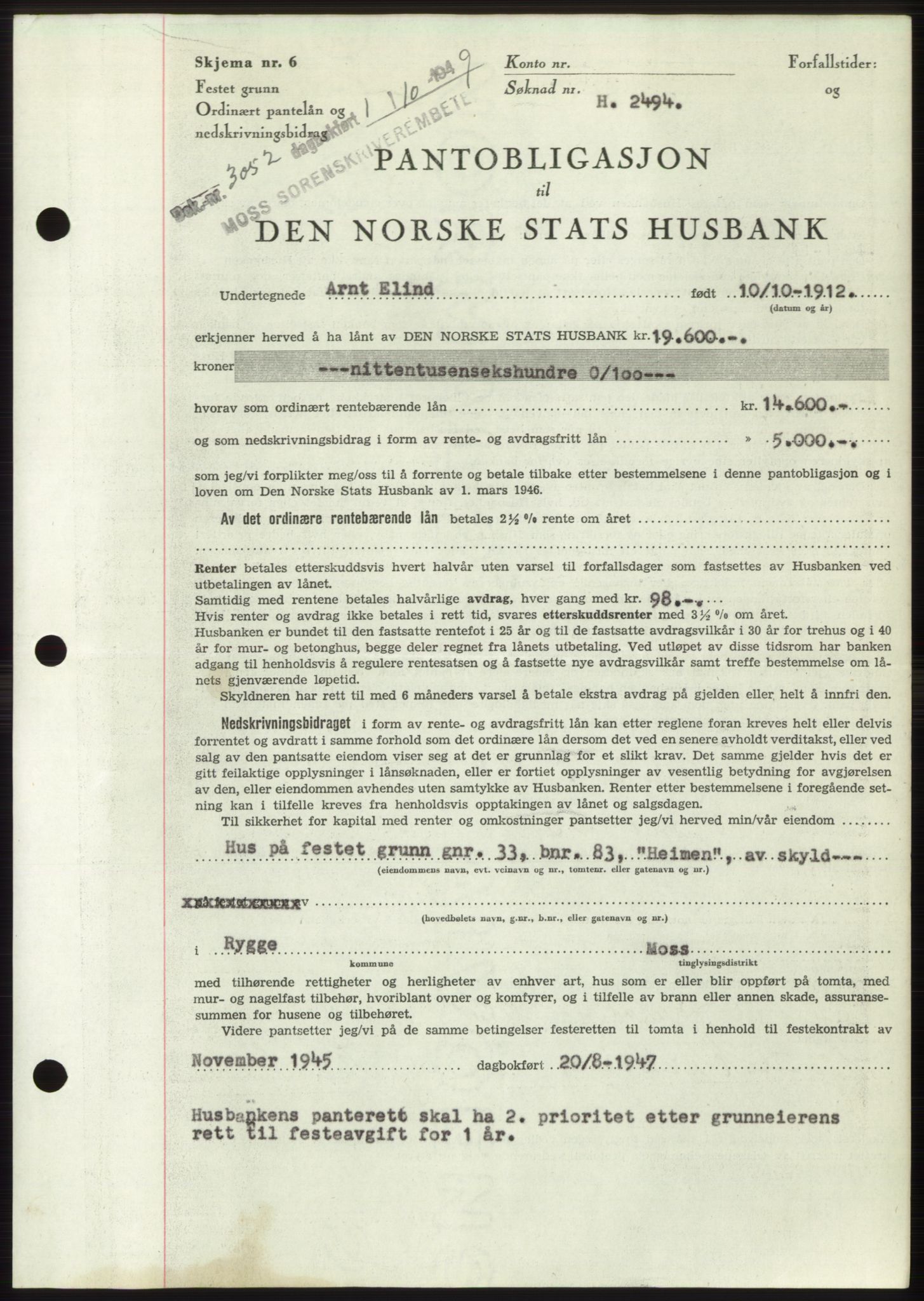 Moss sorenskriveri, SAO/A-10168: Pantebok nr. B22, 1949-1949, Dagboknr: 3052/1949