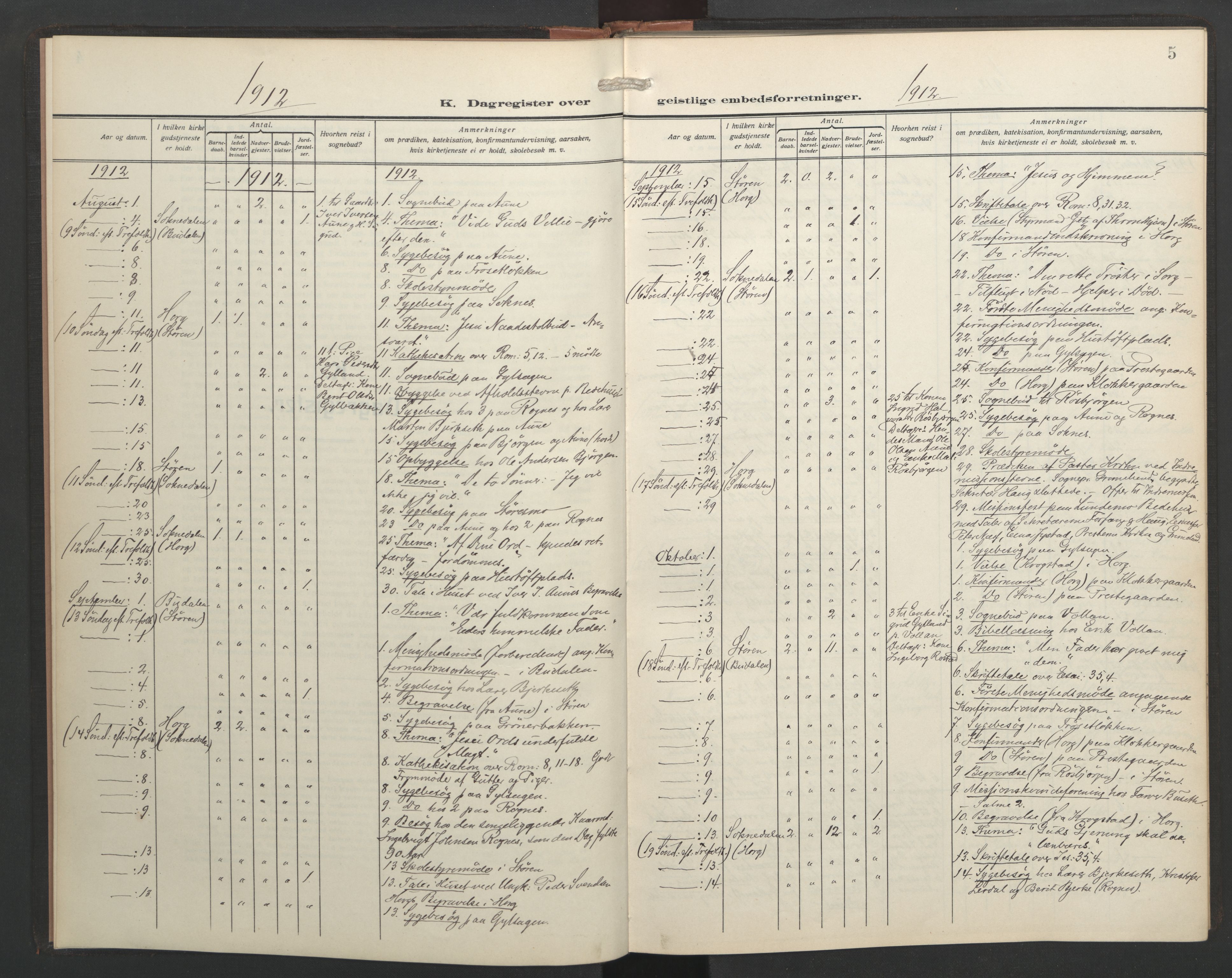 Ministerialprotokoller, klokkerbøker og fødselsregistre - Sør-Trøndelag, AV/SAT-A-1456/687/L1006: Dagsregister nr. 687A12, 1912-1931, s. 5