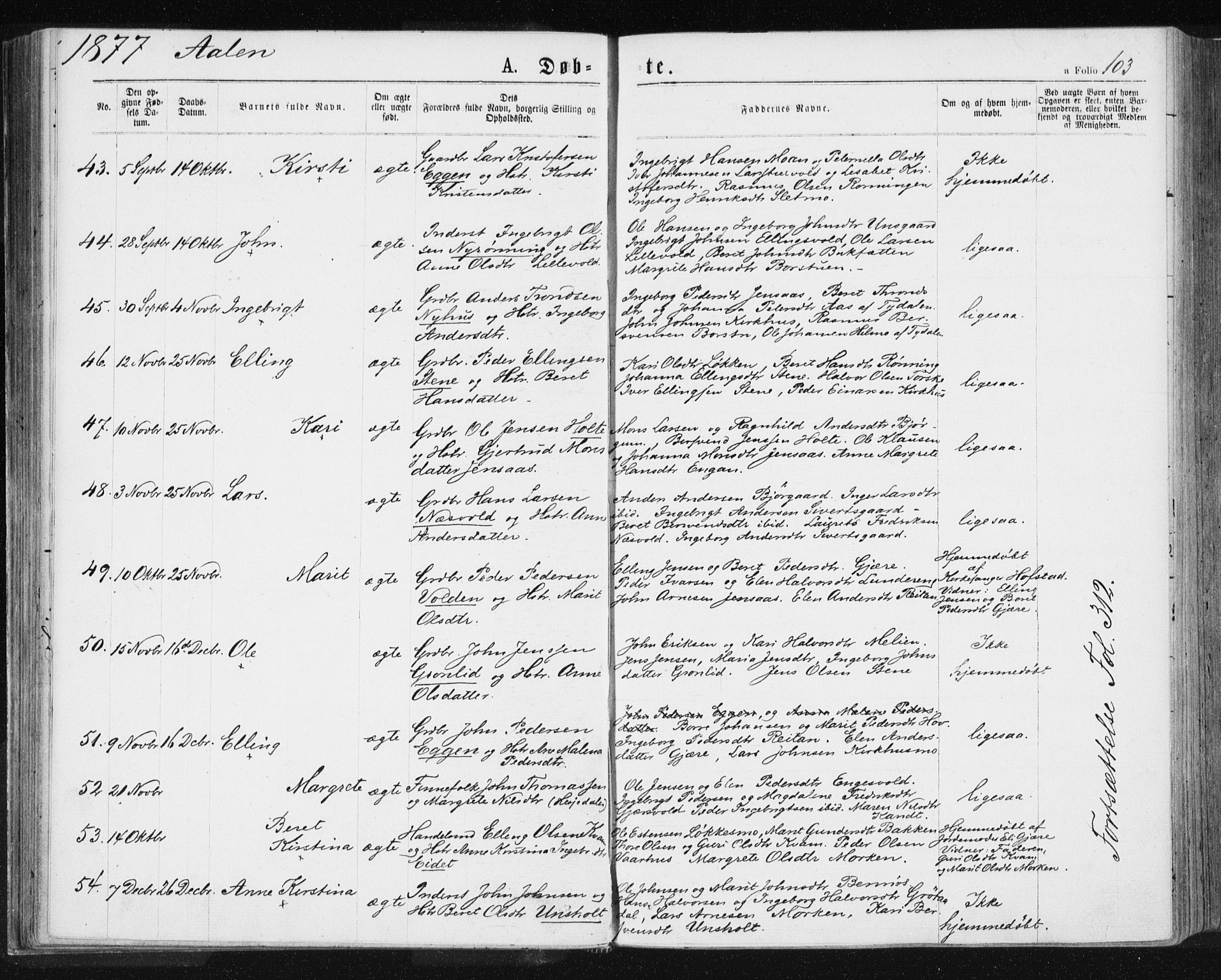 Ministerialprotokoller, klokkerbøker og fødselsregistre - Sør-Trøndelag, AV/SAT-A-1456/685/L0971: Ministerialbok nr. 685A08 /3, 1870-1879, s. 103