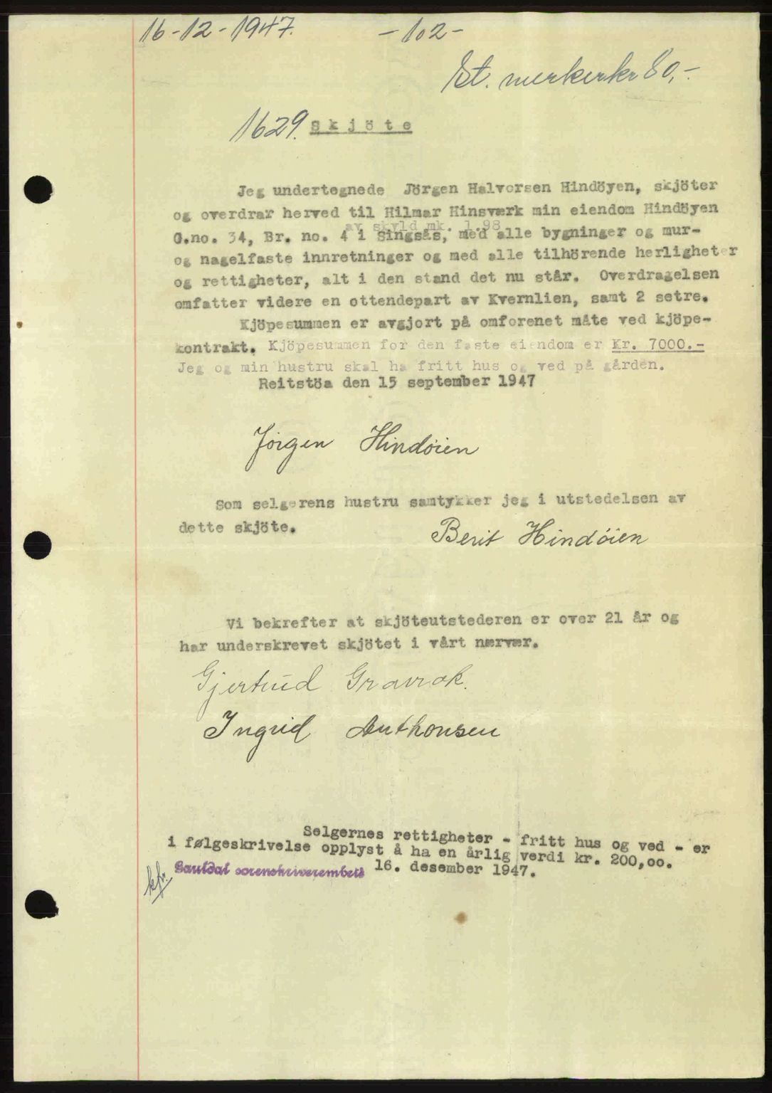 Gauldal sorenskriveri, SAT/A-0014/1/2/2C: Pantebok nr. A5, 1947-1948, Dagboknr: 1629/1947