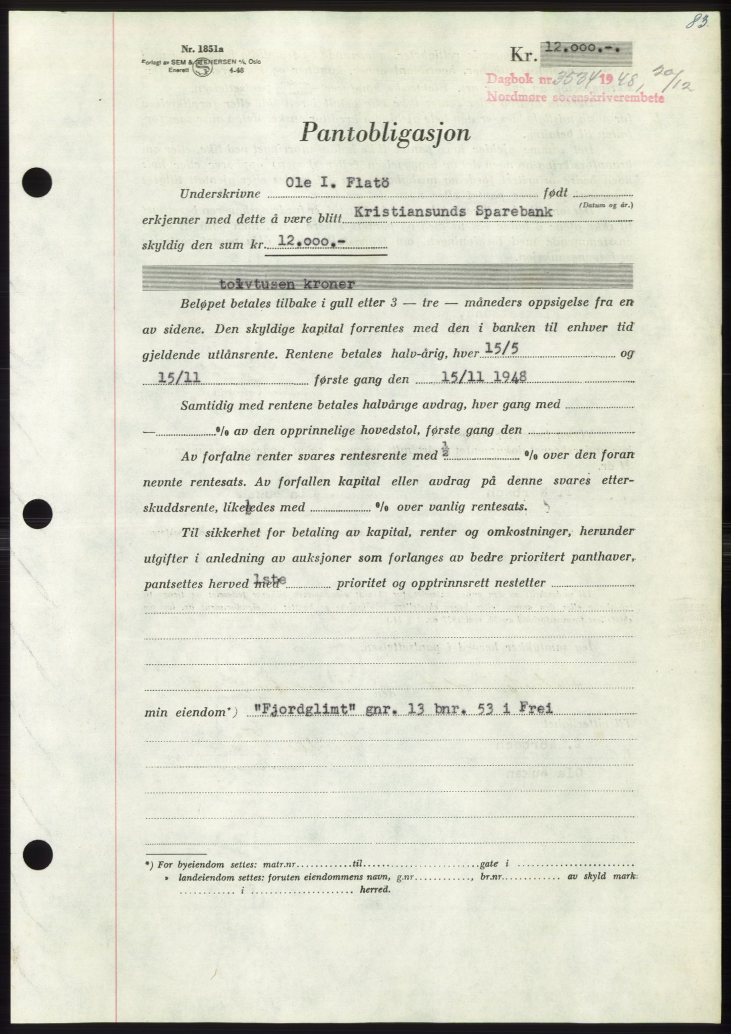 Nordmøre sorenskriveri, AV/SAT-A-4132/1/2/2Ca: Pantebok nr. B100, 1948-1949, Dagboknr: 3534/1948