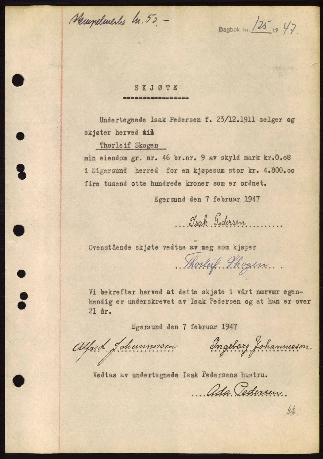 Dalane sorenskriveri, SAST/A-100309/02/G/Gb/L0049: Pantebok nr. A9, 1946-1947, Dagboknr: 125/1947