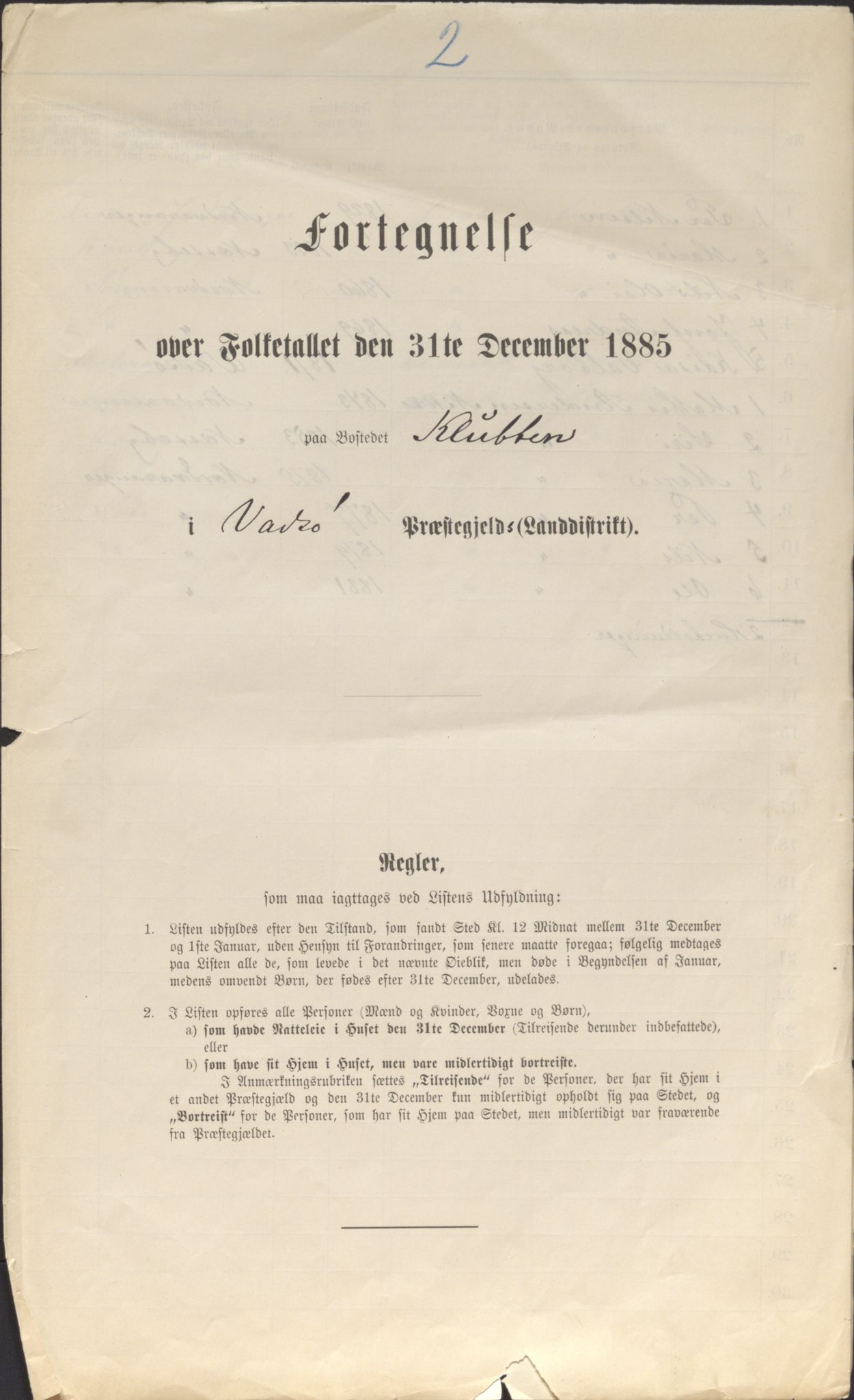 SATØ, Folketelling 1885 for 2029 Vadsø landsogn, 1885, s. 2a