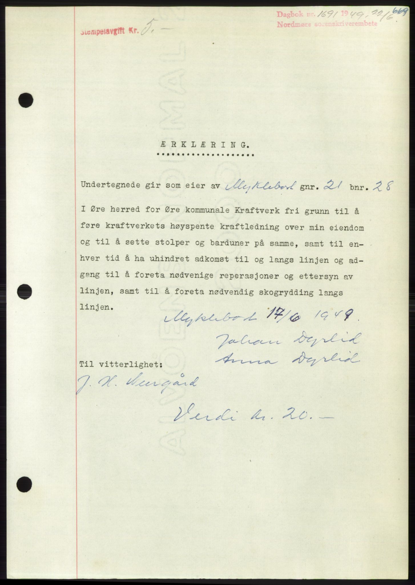 Nordmøre sorenskriveri, SAT/A-4132/1/2/2Ca: Pantebok nr. B101, 1949-1949, Dagboknr: 1691/1949