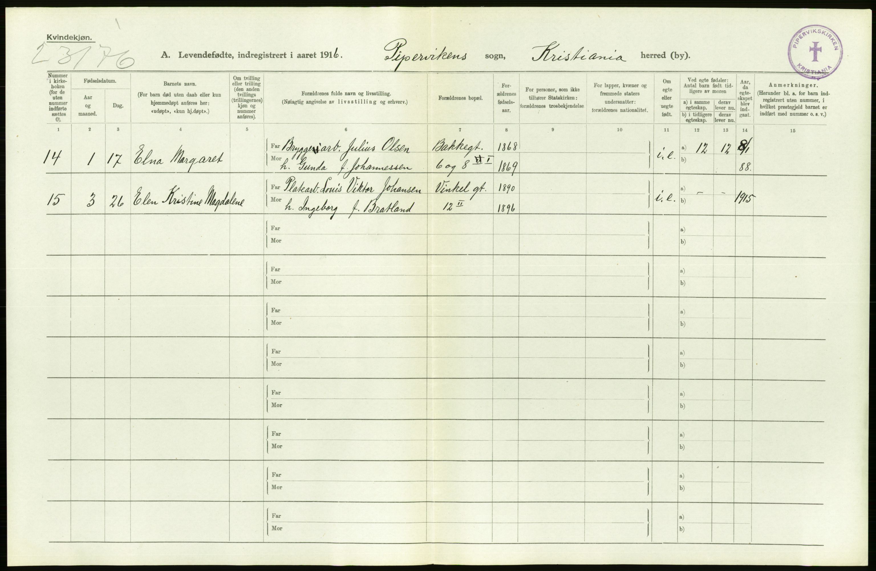 Statistisk sentralbyrå, Sosiodemografiske emner, Befolkning, AV/RA-S-2228/D/Df/Dfb/Dfbf/L0007: Kristiania: Levendefødte menn og kvinner., 1916, s. 506